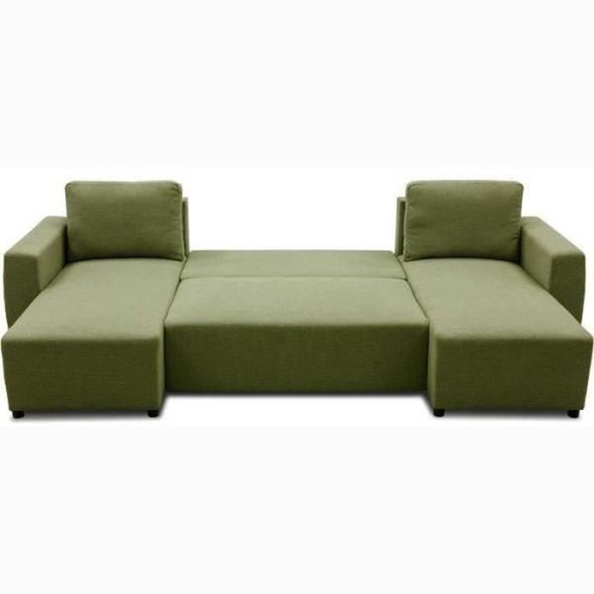 Voir la diapositive 5 : MARKET24 Canapé d'angle convertible panoramique PHARELL 5/6 places - Tissu olive - Coffre de rangement - L297 x P155 x H85 cm