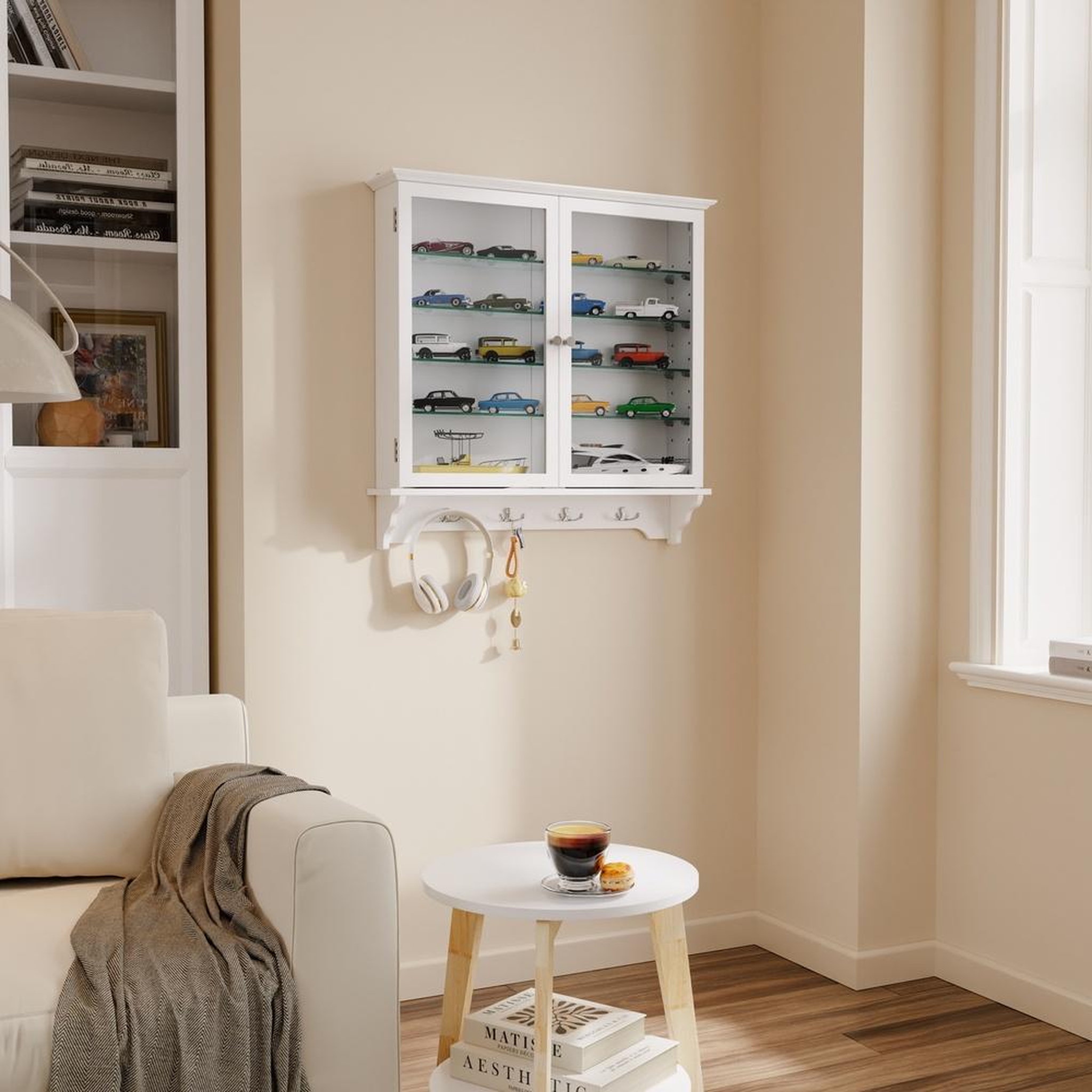 Voir la diapositive 2 : SOBUY Vitrine murale blanche avec 2 portes en verre et 4 étagères réglables 68x13,5x68,5 cm