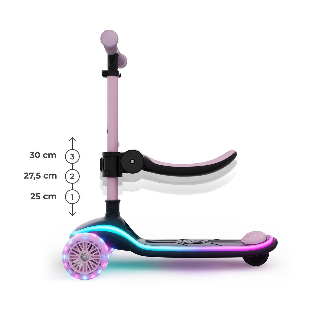 KINDERKRAFT Trottinette Kinderkraft RAKET UP 2-en-1 avec siège réglable, roues RGB LED, plateau lumineux, pliable dès bébé, Rose