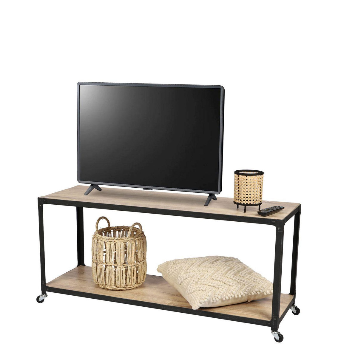 TOILINUX Meuble TV Factory avec 4 roulettes - Bois et noir