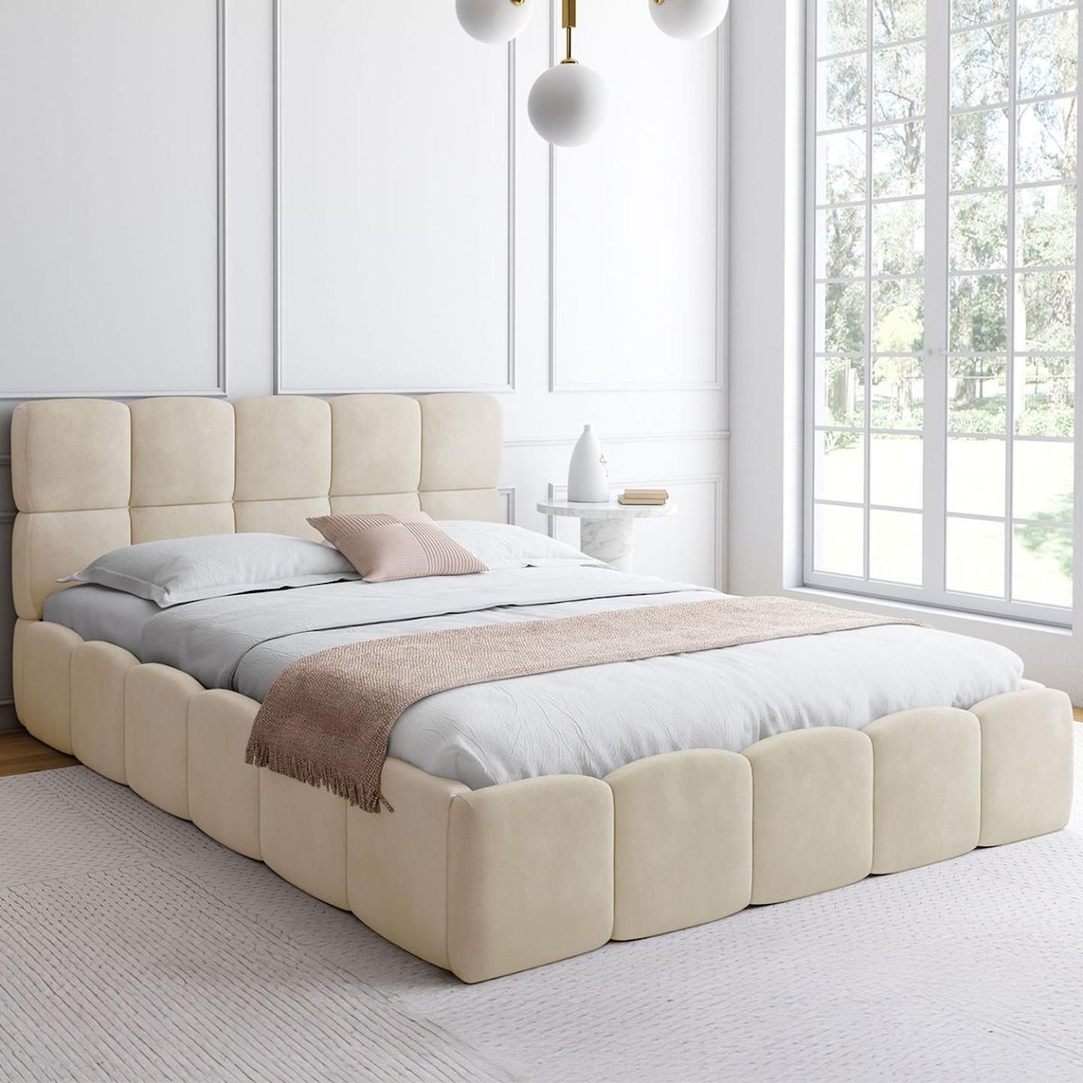 ID MARKET Lit coffre double NUAGE avec tête de lit matelassée et sommier 140 x 190 cm velours beige