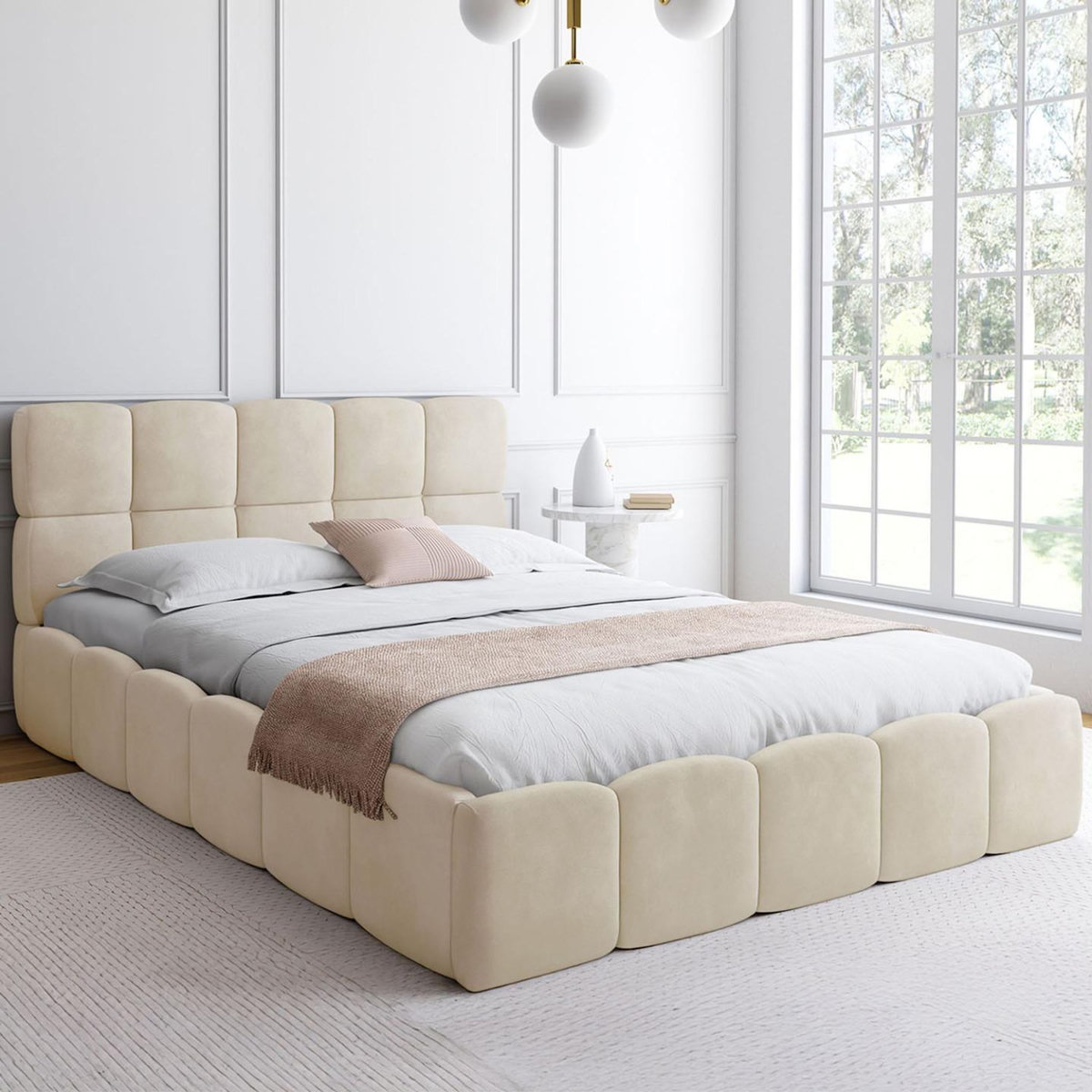 ID MARKET Lit coffre double NUAGE avec tête de lit matelassée et sommier 140 x 190 cm velours beige