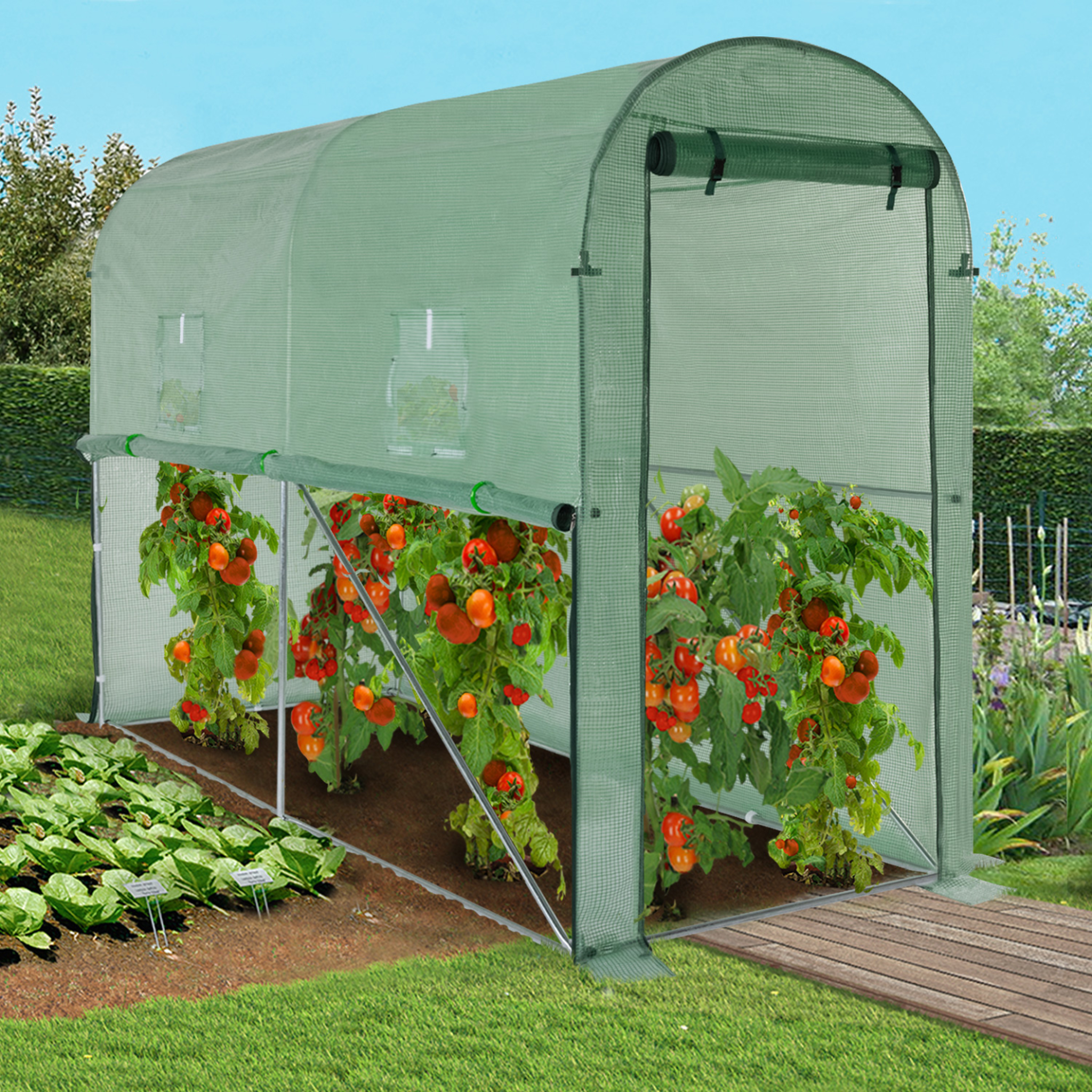 Voir la diapositive 2 : ID MARKET Serre à tomates de jardin 3m² 3 x 1 x 2 m acier galvanisé + bâche anti-uv relevable avec porte et 2 fenêtres verte
