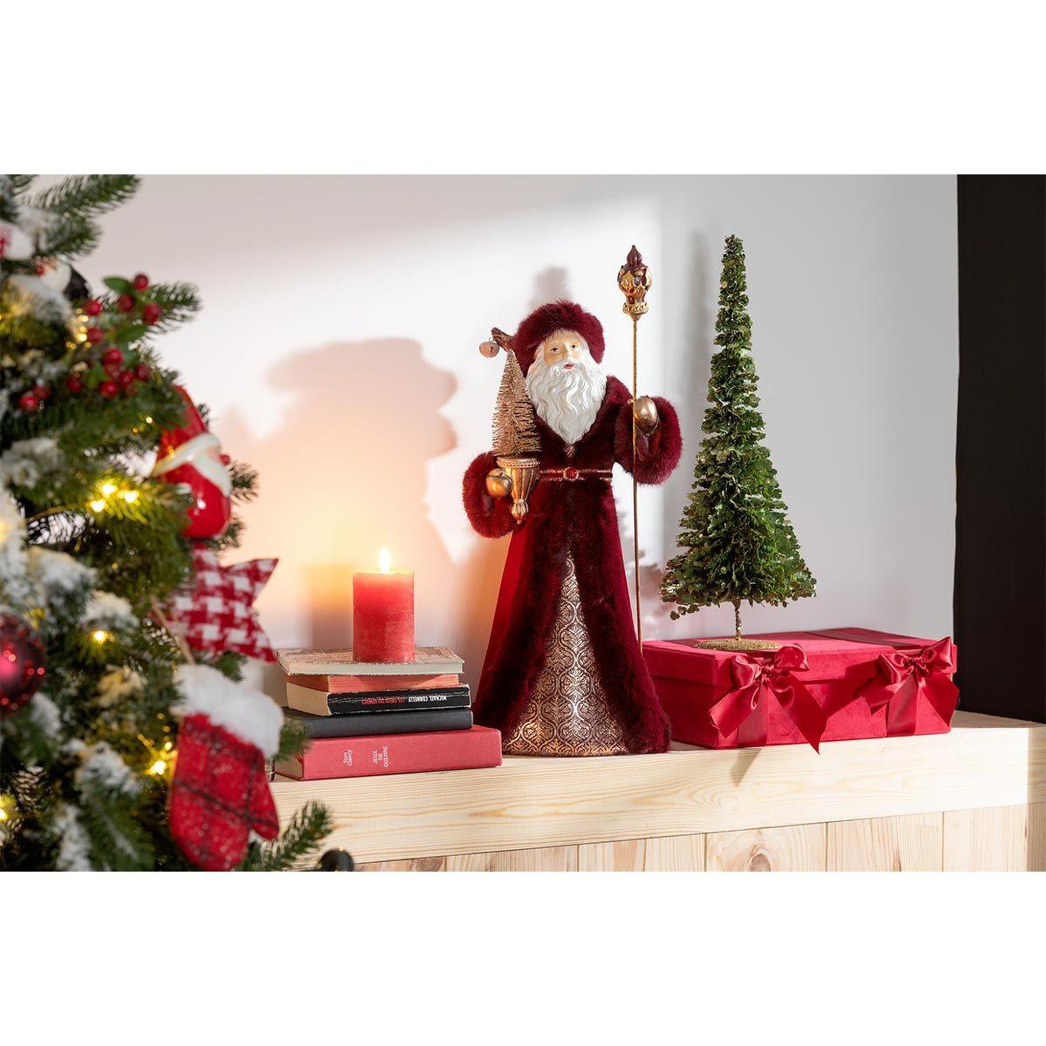 Voir la diapositive 2 : J-LINE Statuette Déco  Père Noël  57cm Rouge & Or