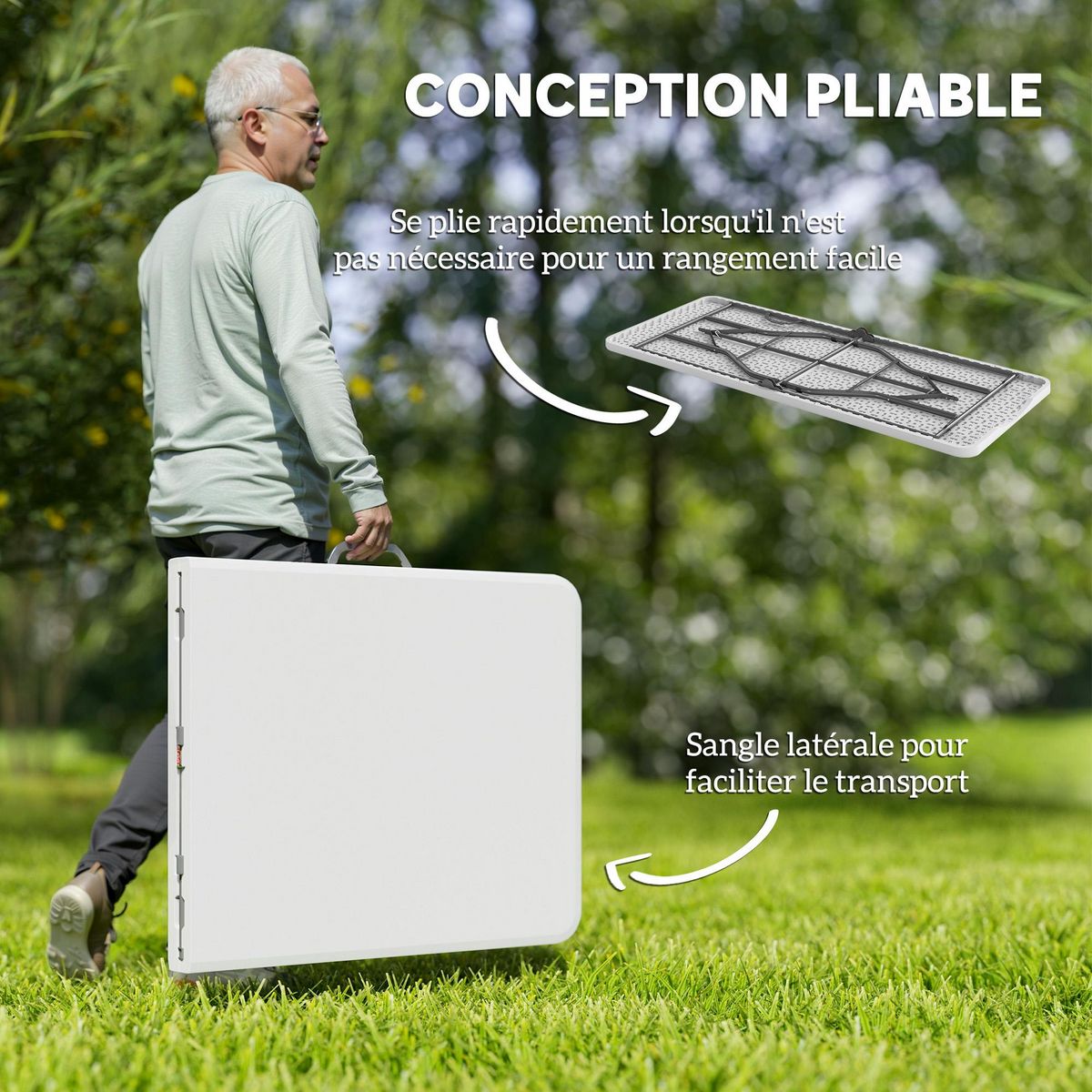 OUTSUNNY Table pliante de camping jardin dim. 180 x 74 x 74 cm avec poignée métal époxy gris HDPE blanc