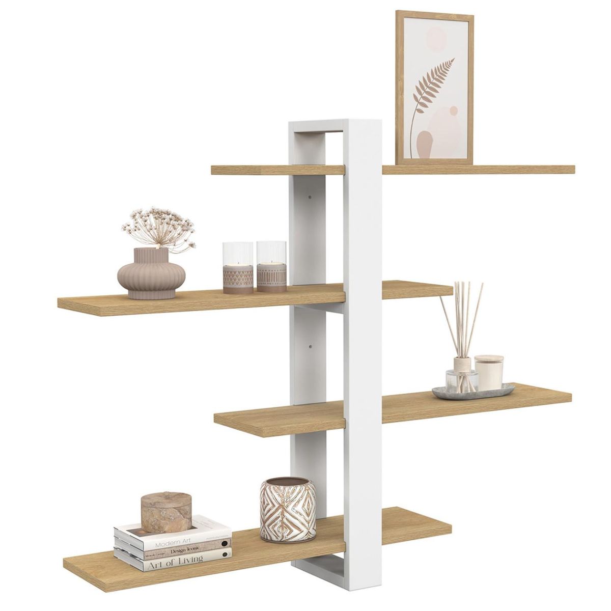 ID MARKET Etagère murale avec étagères coulissantes ORA 4 niveaux façon hêtre et blanc