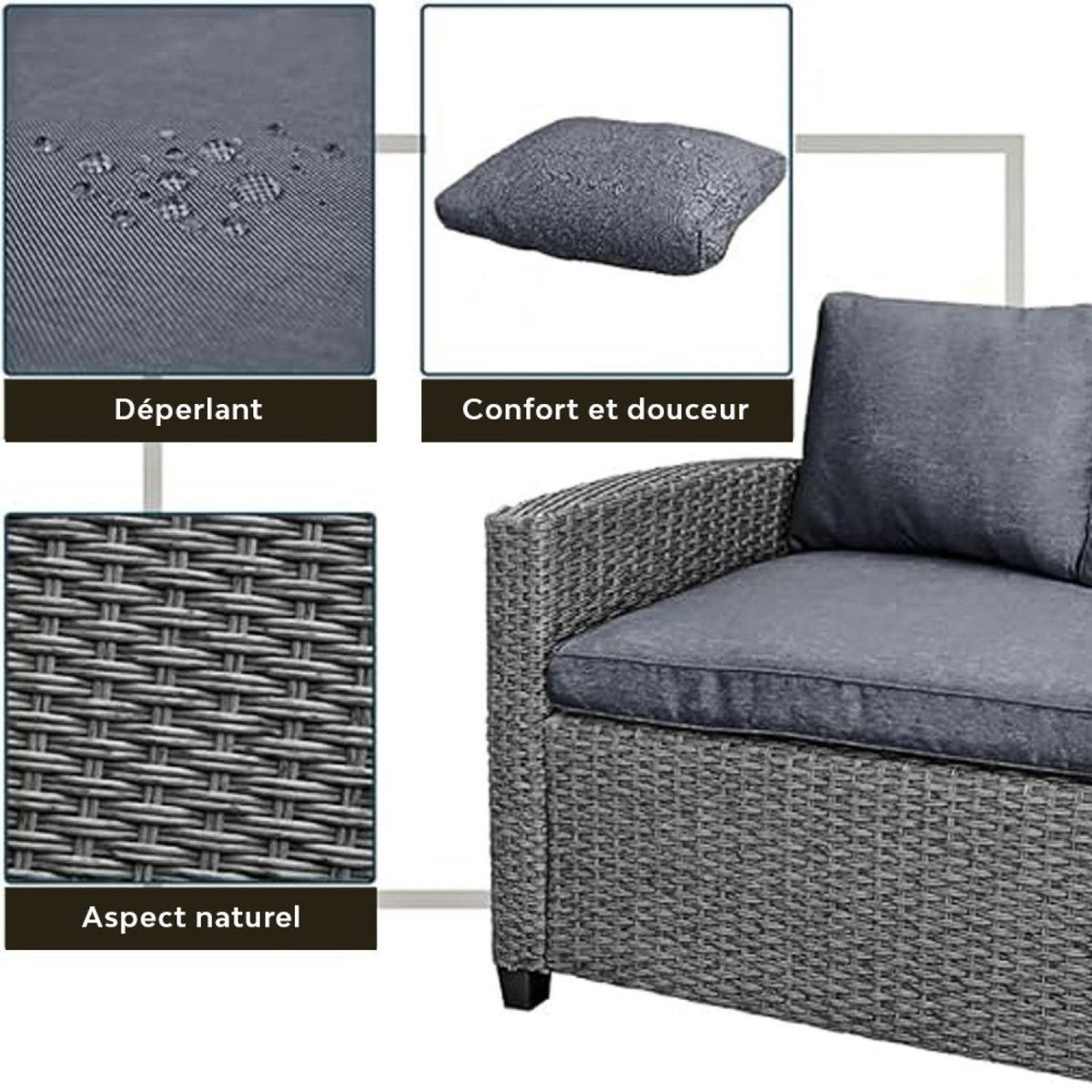 CONCEPT USINE Salon de jardin d'angle 6 places en résine tressée grise avec table TAHAA