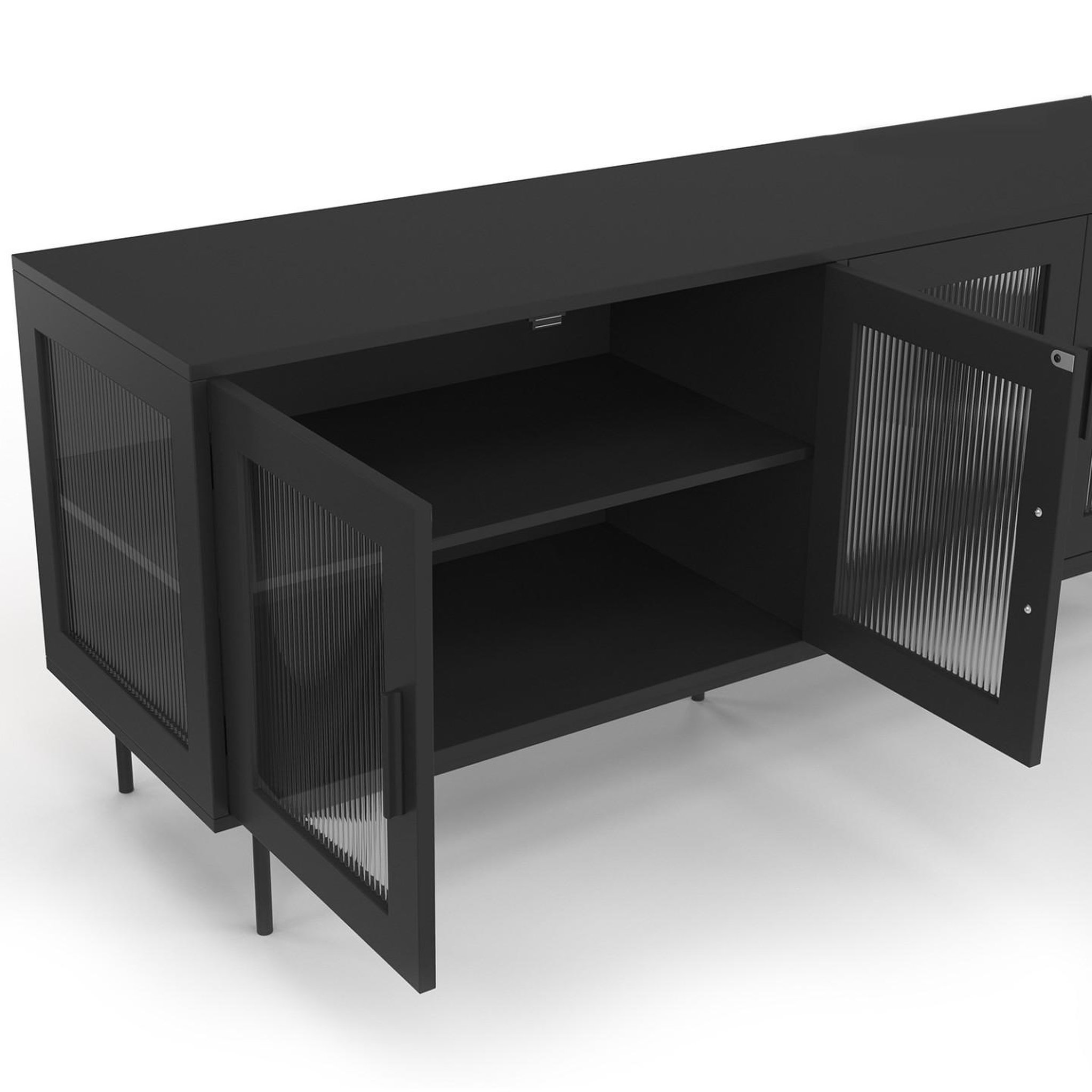 Voir la diapositive 6 : ID MARKET Buffet 140 cm zineb 4 portes vitrées façade cannelée noir