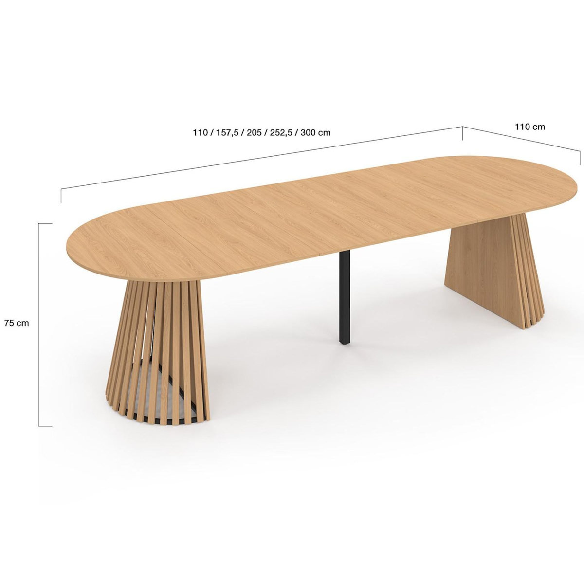 ID MARKET Table à manger extensible ronde CARMEN 4-12  personnes pied bois en lattes et plateau bois 110-300 cm