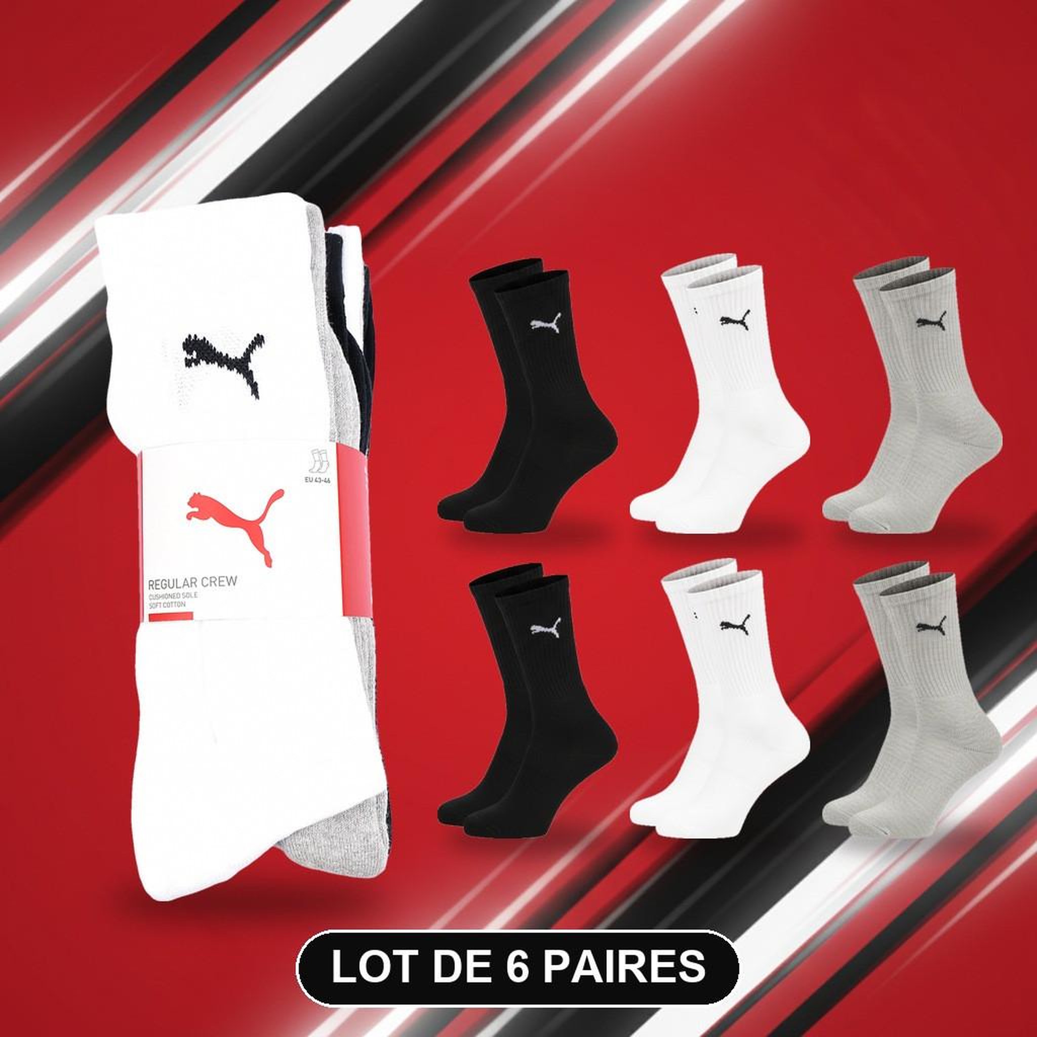 Voir la diapositive 3 : PUMA PUMA Chaussettes Mixte Crew Pack 6 Paires (Lot) - Coton Doux, Talon Cousu