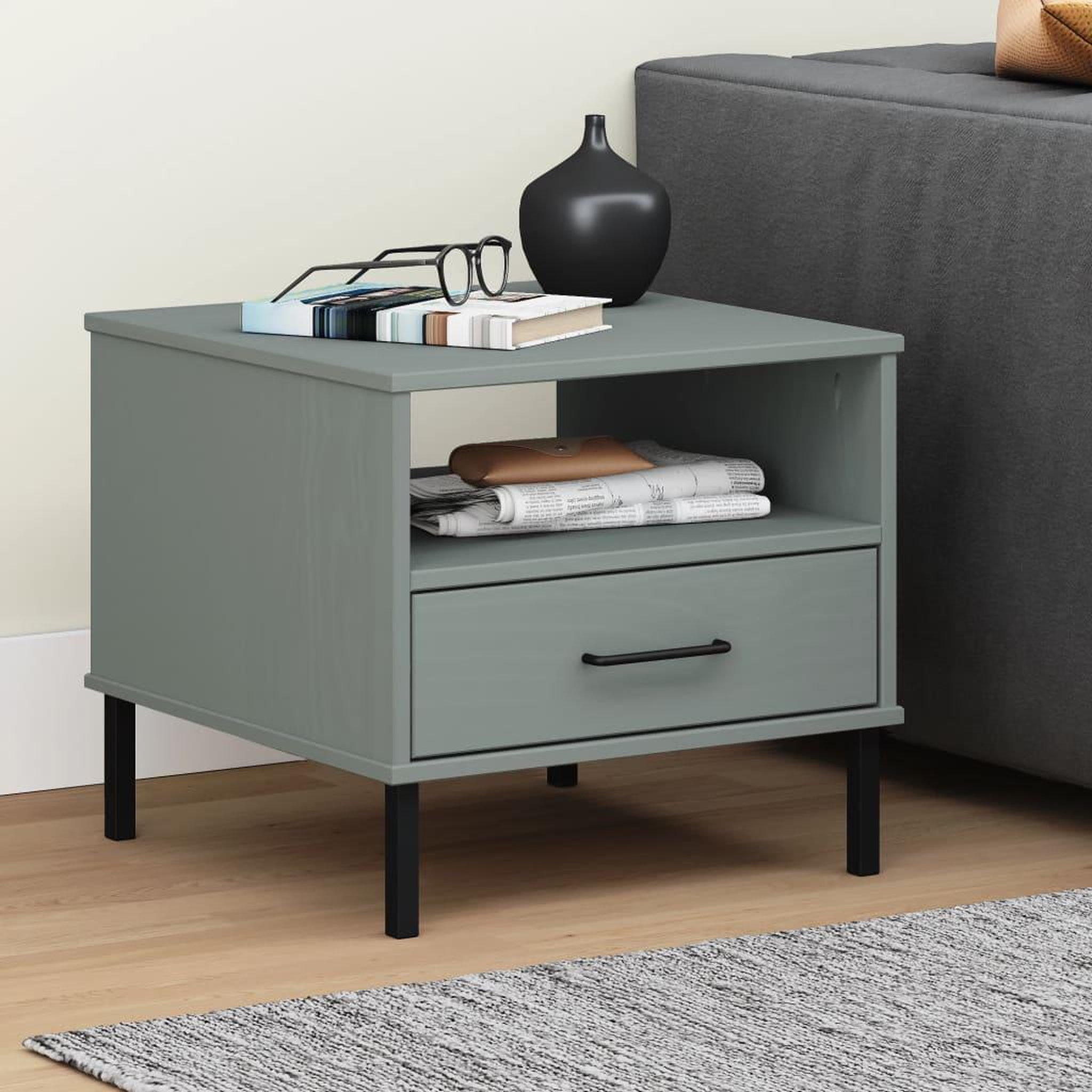 Voir la diapositive 1 : VIDAXL Table de chevet avec pieds en metal Gris Bois pin massif OSLO