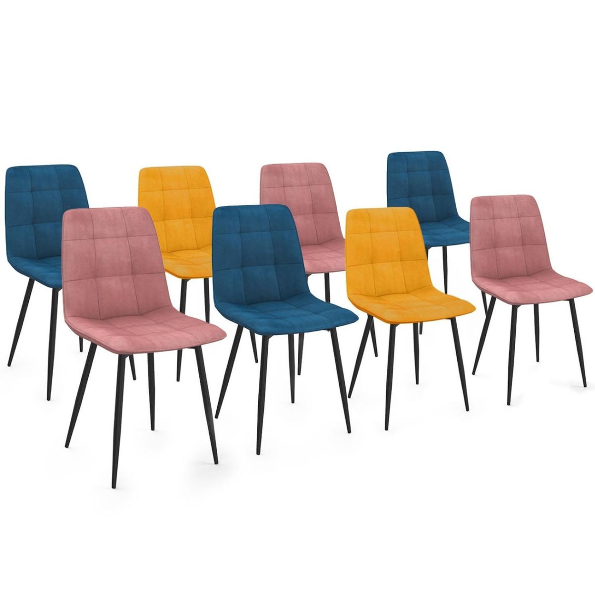 ID MARKET Lot de 8 chaises MILA en velours mix color bleu x3, rose x3, jaune ocre x2