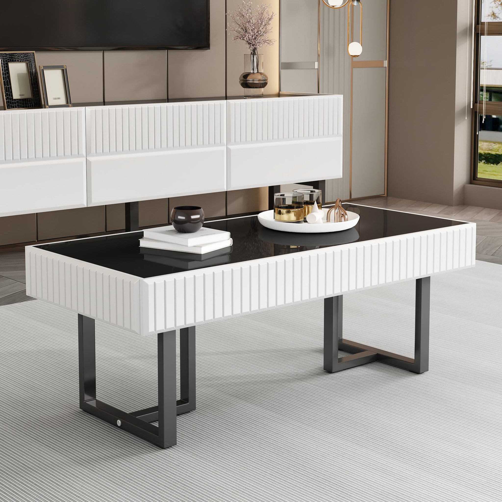 Voir la diapositive 4 : MERAX Table basse rectangulaire blanc+noir - 50,5x110 cm mdf
