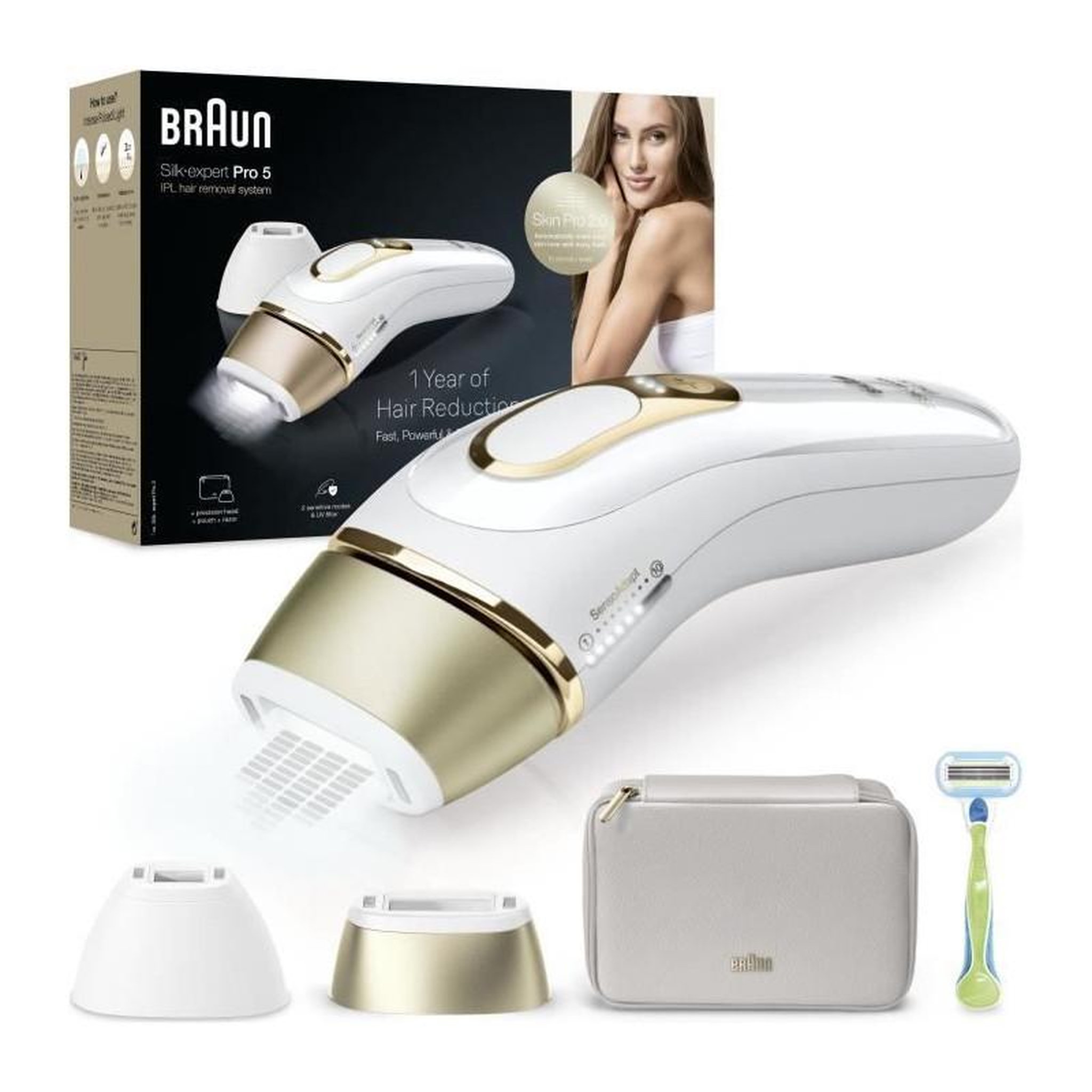 BRAUN Épilateur a Lumiere Pulsée - BRAUN - Silk·expert Pro 5 - Épilation a la maison - Pochette - Rasoir Venus - 2 Tetes - PL5152