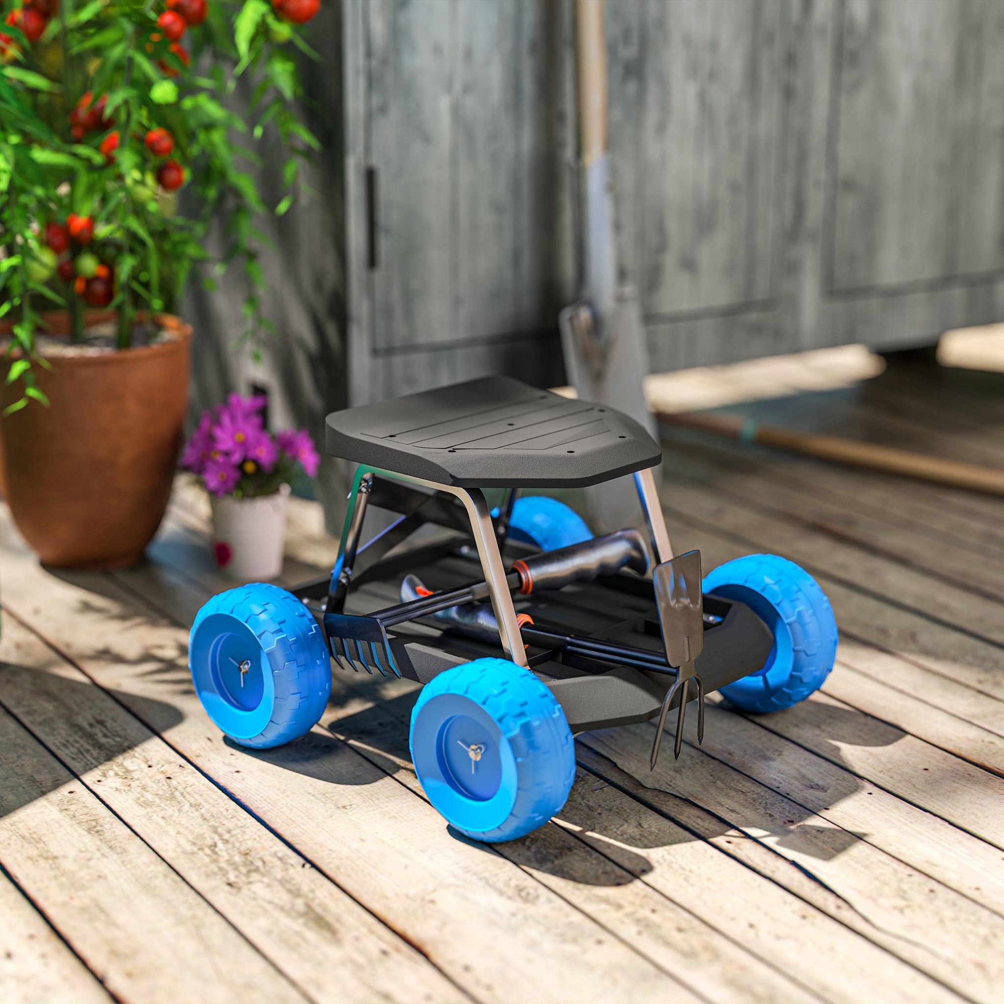 Voir la diapositive 2 : OUTSUNNY Tabouret de jardinage - siège de jardin sur roues - plateau à outils intégré - bleu noir