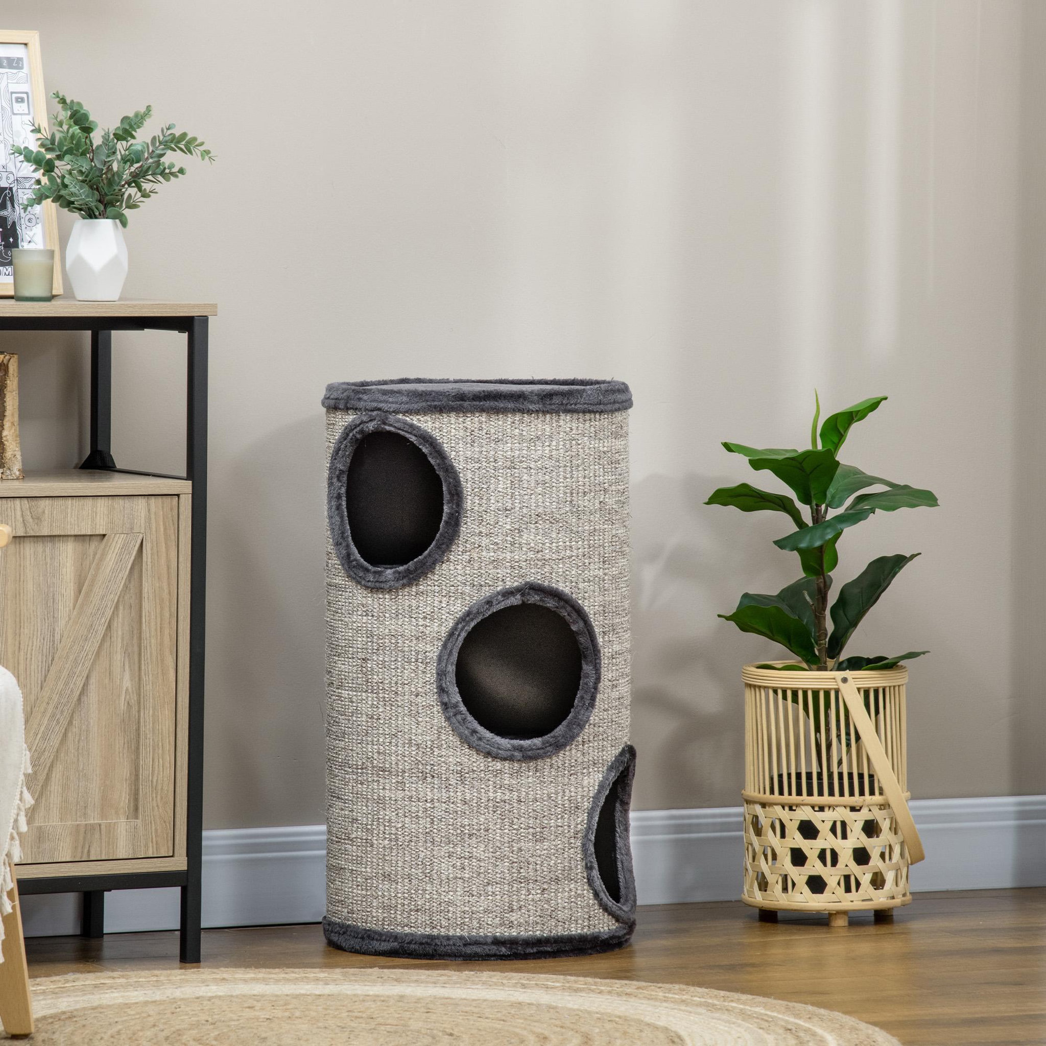 Voir la diapositive 2 : PAWHUT Arbre à chat cylindrique - tour à griffer pour chat - tonneau griffoir - 3 niveaux + plateforme - sisal peluche anthracite