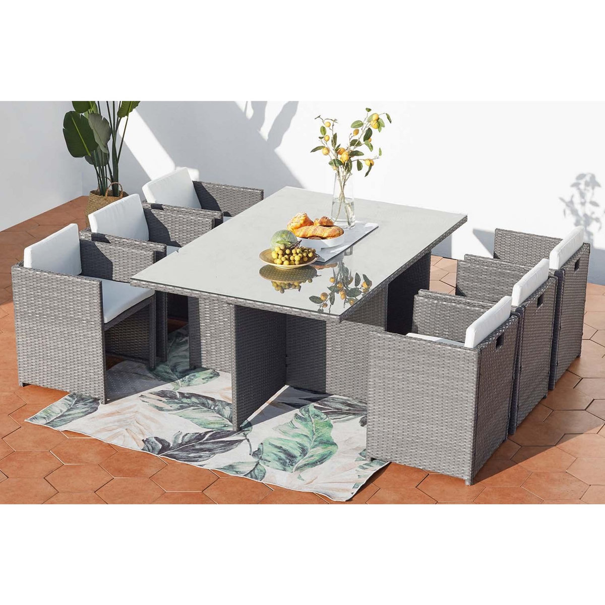 CONCEPT USINE Table et chaises 6 places encastrables en résine gris-blanc MIAMI