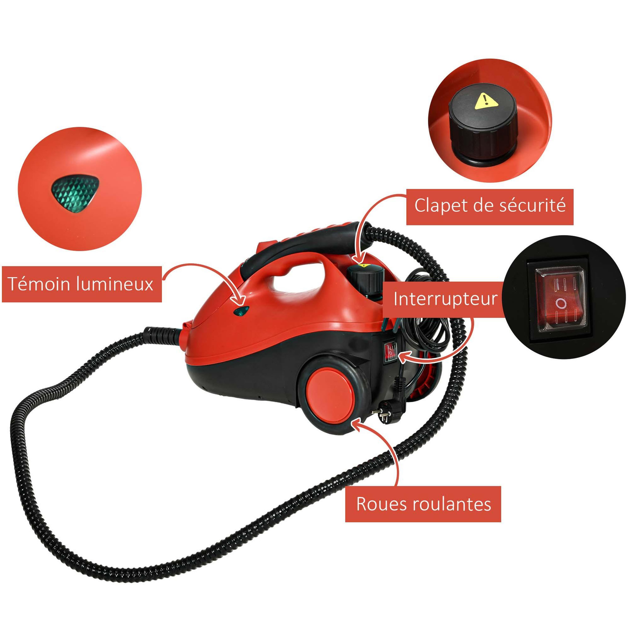 Voir la diapositive 6 : HOMCOM Nettoyeur vapeur multifonction - balai vapeur - balai nettoyeur vapeur - 2000W, réservoir 2L, pression 4 bars - 16 accessoires - noir rouge