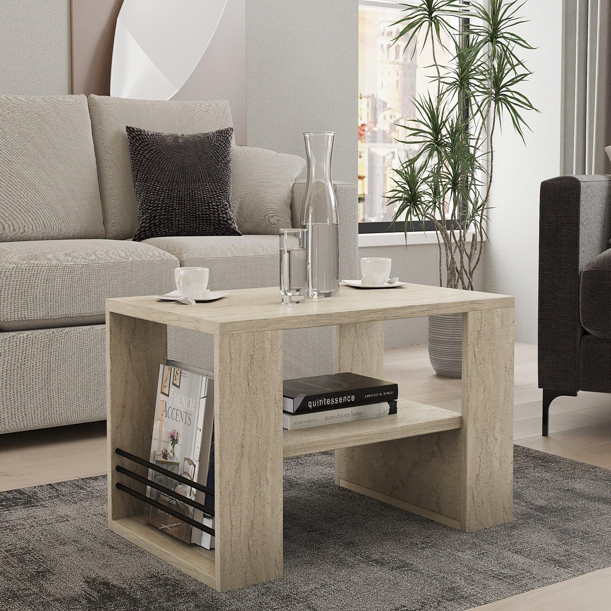 Voir la diapositive 2 : Habitat et Jardin Table basse en bois  iris  - 80 x 50 x 40 cm - travertin