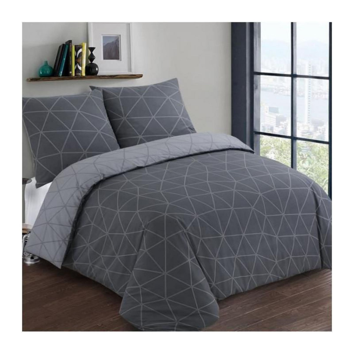 VISION VISION Parure de couette Hugo - 100% coton - 1 housse de couette 140 x 200 cm + 1 taie d'oreiller 65 x 65 cm - Gris anthracite