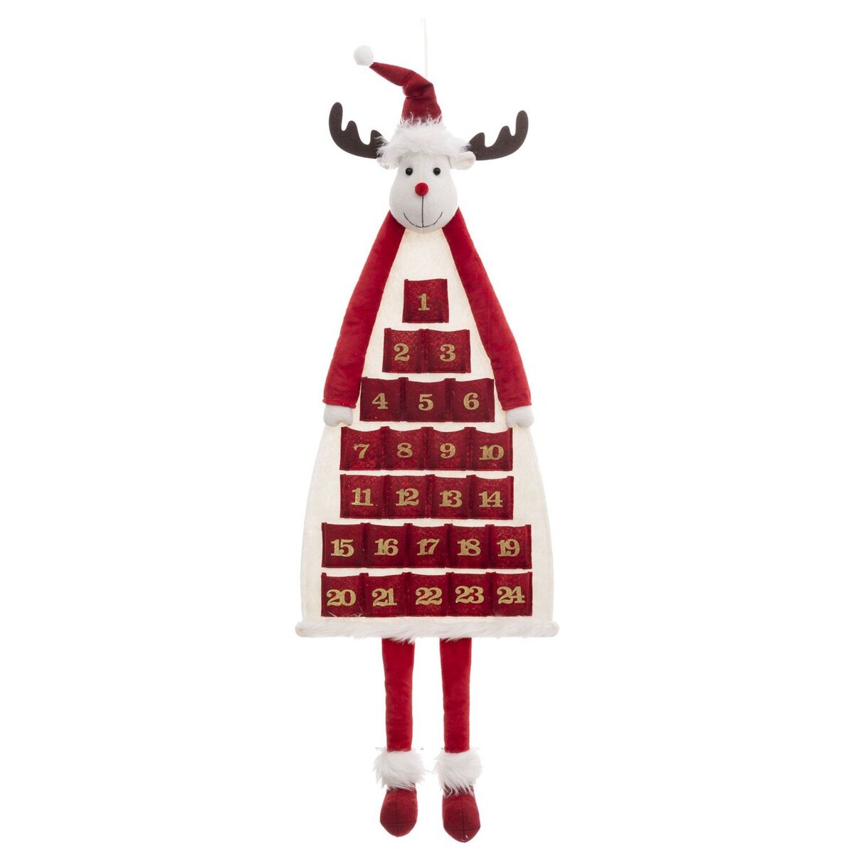 FEERIC LIGHT & CHRISTMAS Calendrier de l'avent Renne de Noël en polyester à suspendre - Longueur 99 cm - Rouge