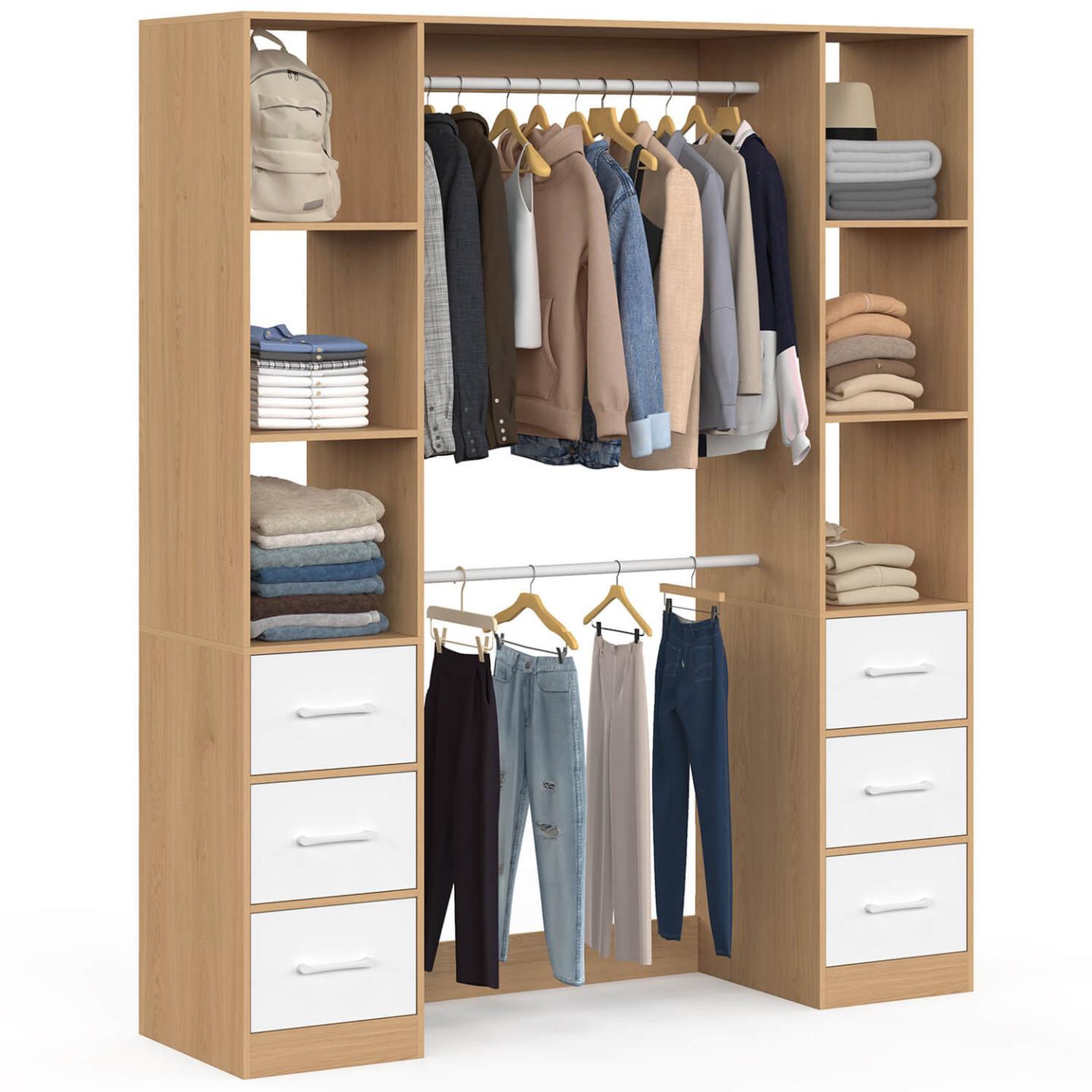 ID MARKET Dressing double penderie + double colonne l. 140 cm uppah avec 6 étagères et 6 bacs en tissu bois et blanc