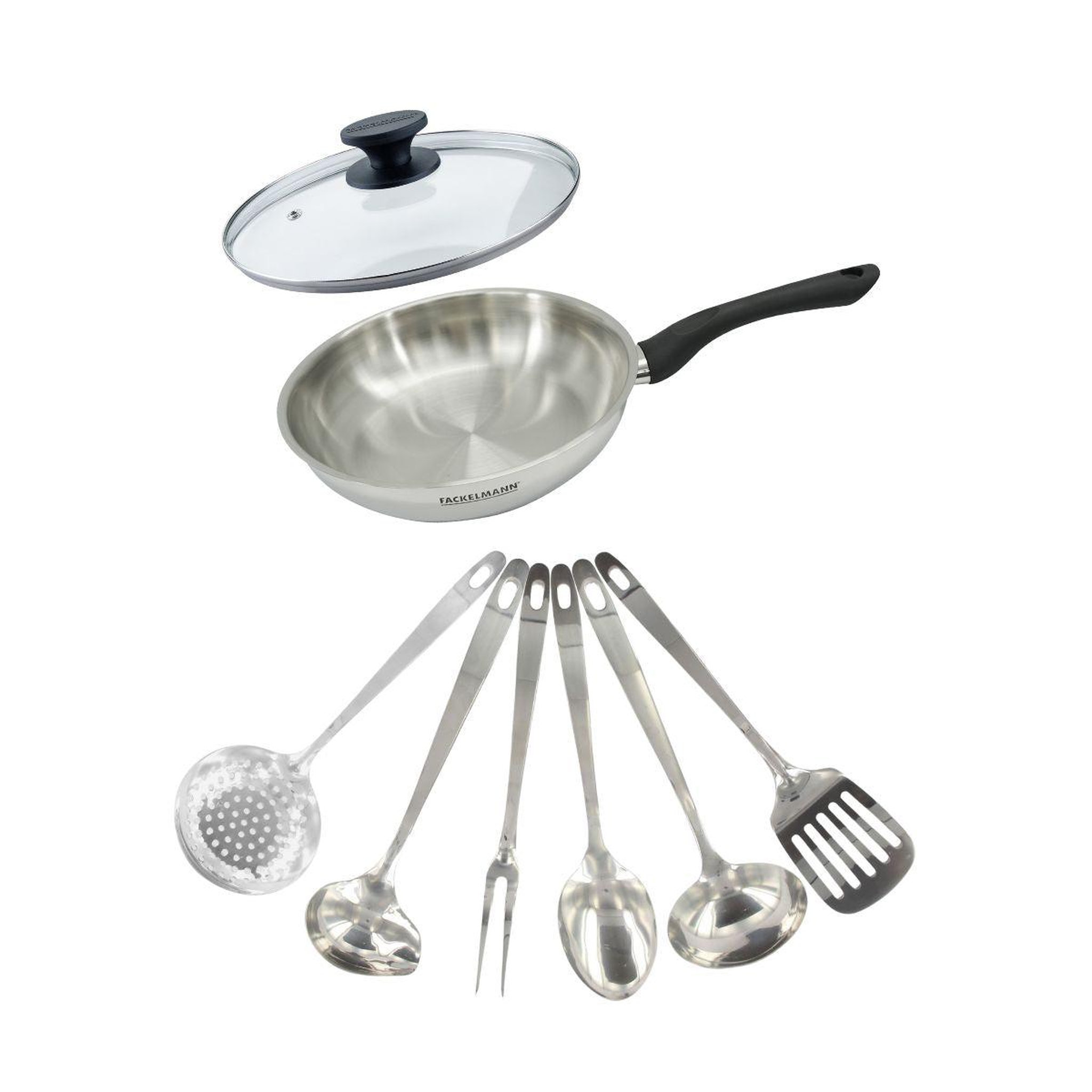 Fackelmann Set poêle 24 cm en inox, couvercle verre et 6 ustensiles inox fackelmann geneva