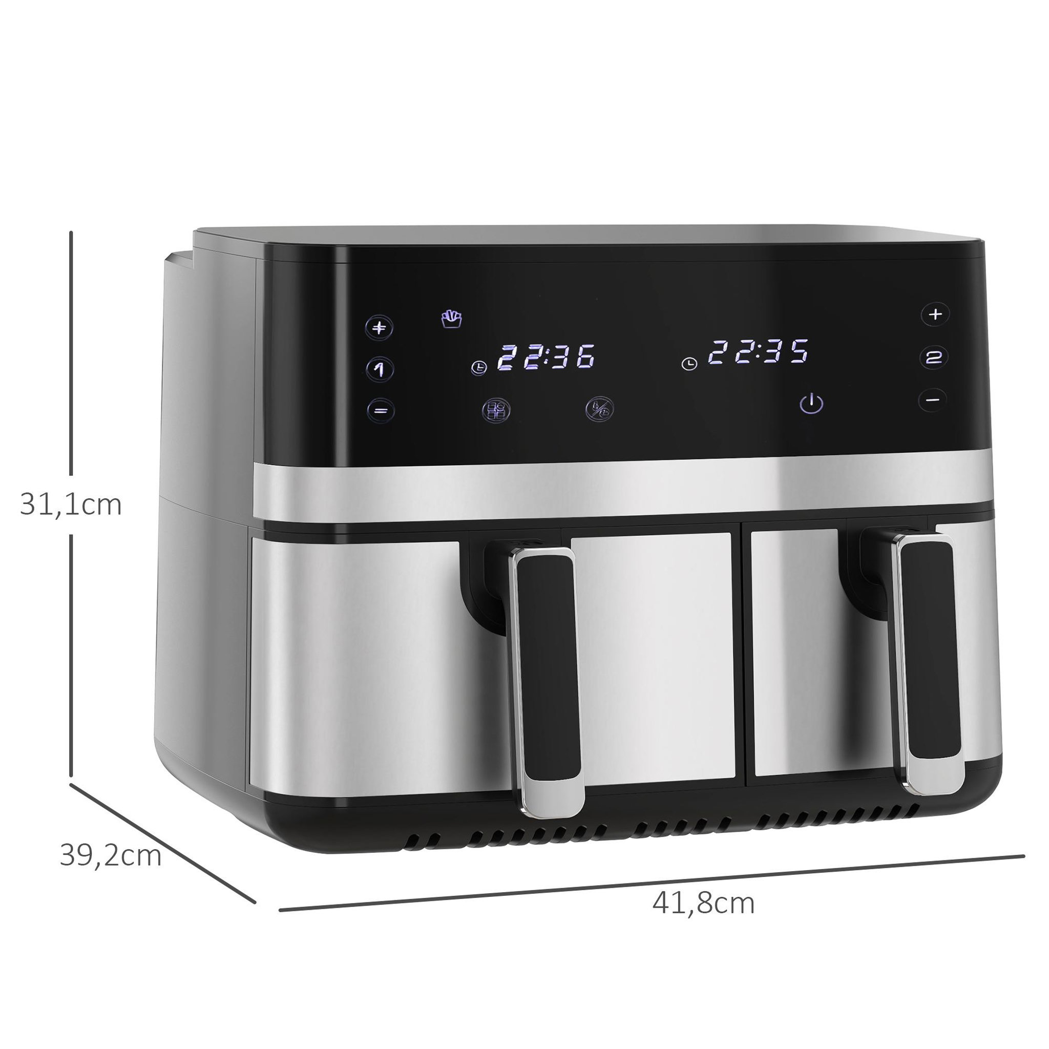 Voir la diapositive 3 : HOMCOM Friteuse à air 2700W - air fryer - double compartiment 8,5L - 8 programmes, température réglable, timer, 2 paniers - noir