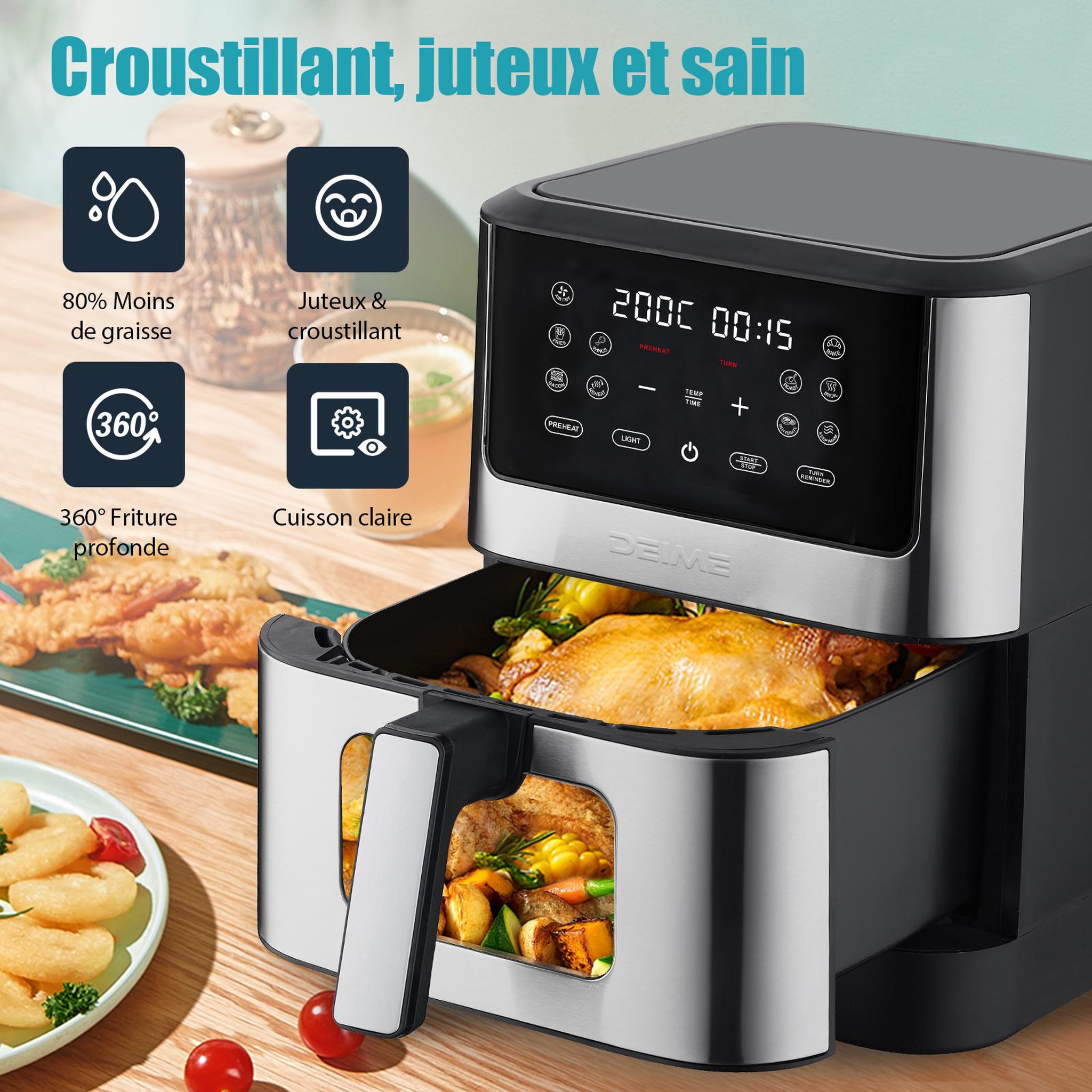 Voir la diapositive 5 : DEIME DEIME - Airfryer 6 l 1500 w 10 programmes avec fenêtre de cuisson – inox