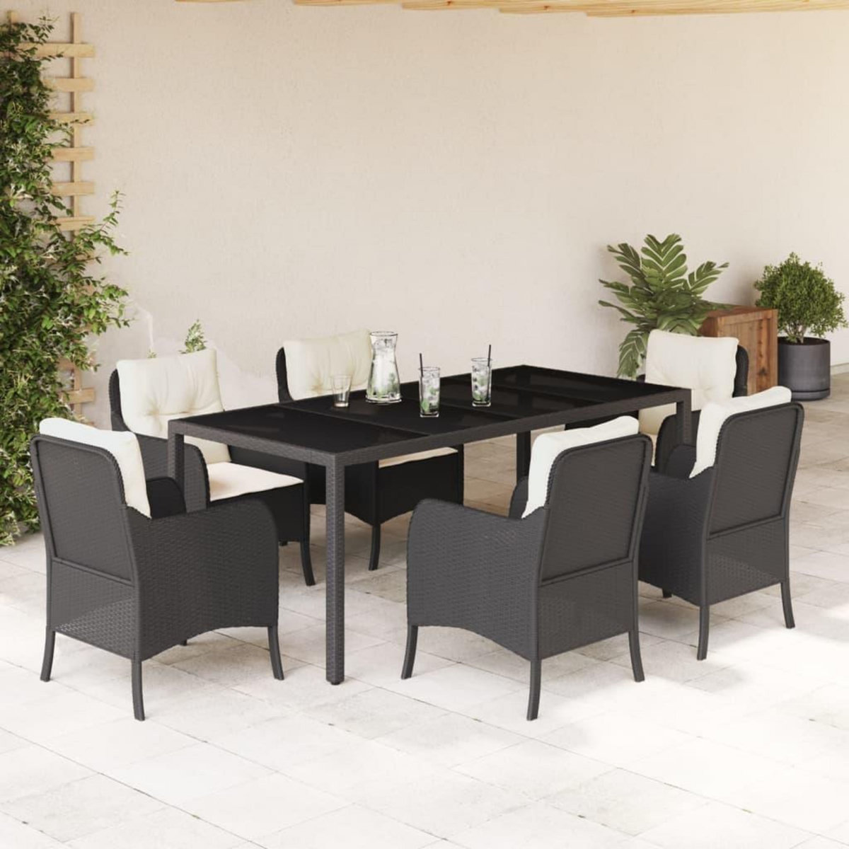 VIDAXL Ensemble a manger de jardin coussins 7pcs Noir Resine tressee
