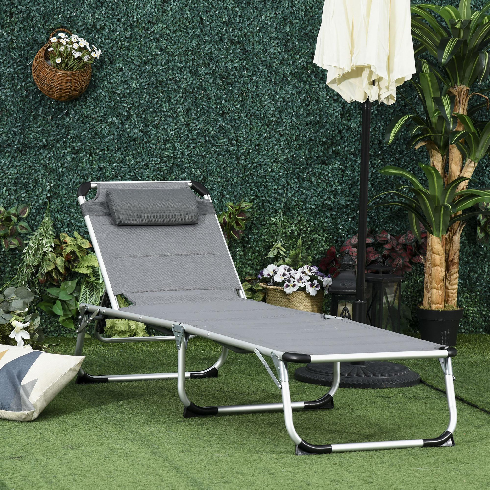 Voir la diapositive 2 : OUTSUNNY Bain de soleil transat pliable dossier réglable multi-positions matelassage tétière alu textilène gris