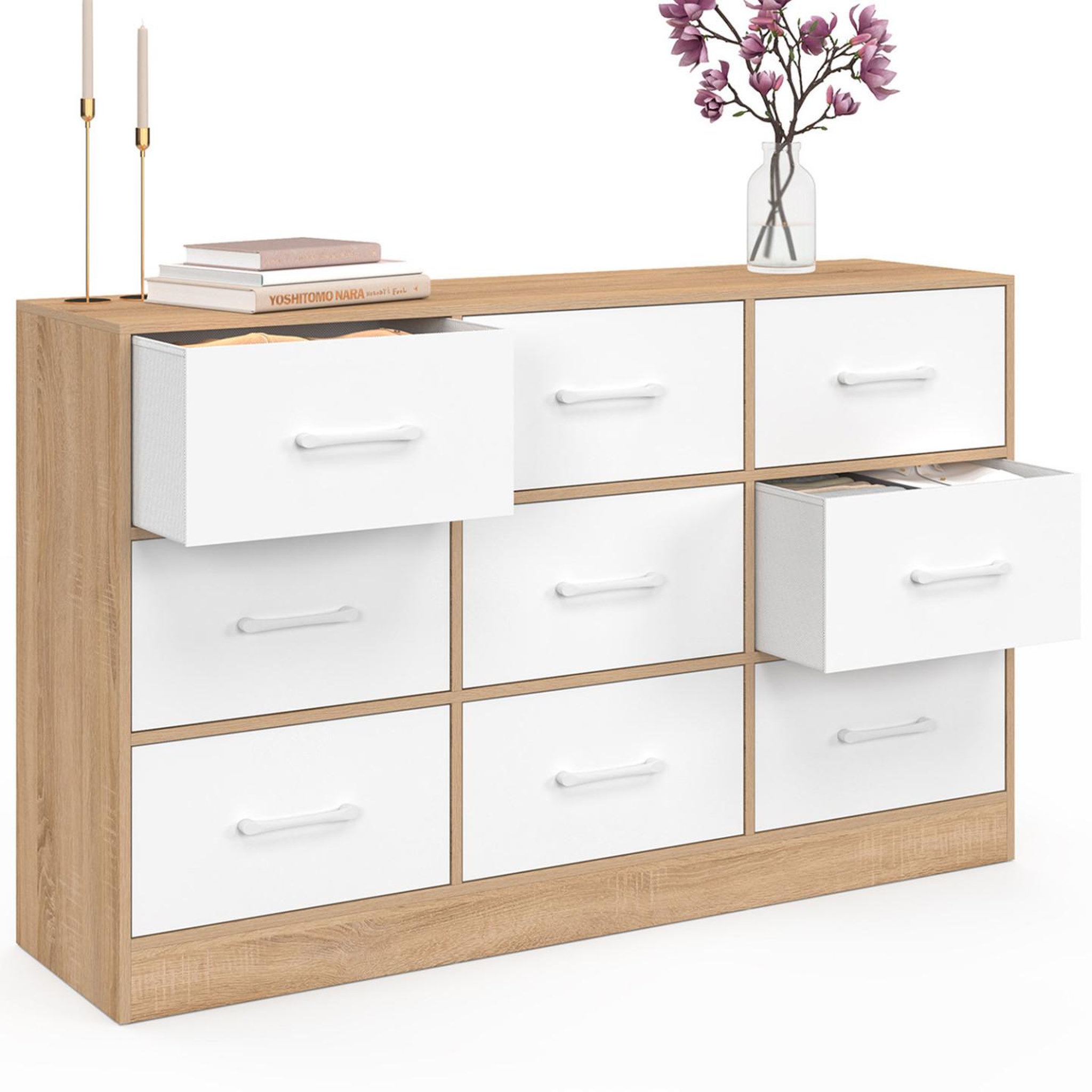 Voir la diapositive 4 : ID MARKET Commode 9 tiroirs en tissu uppah 113 cm meuble de rangement bois façon hêtre et blanc