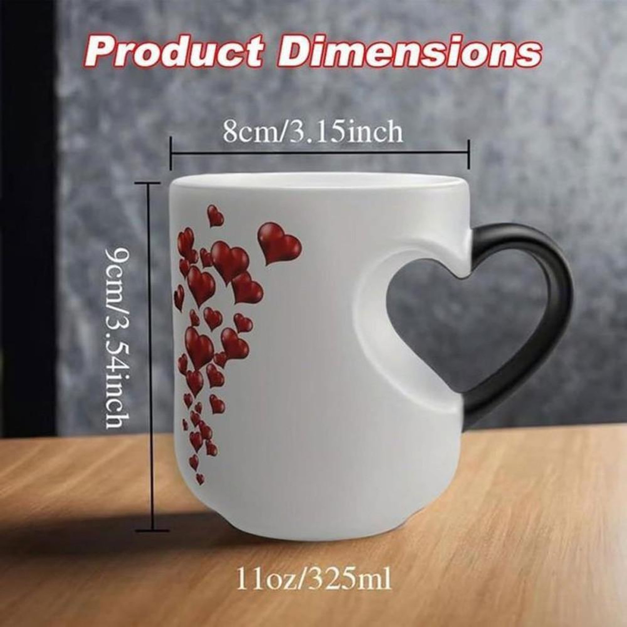 Voir la diapositive 6 : Tasse en céramique thermochromique 325 ml cœurs rouges : noire à froid, blanche à chaud