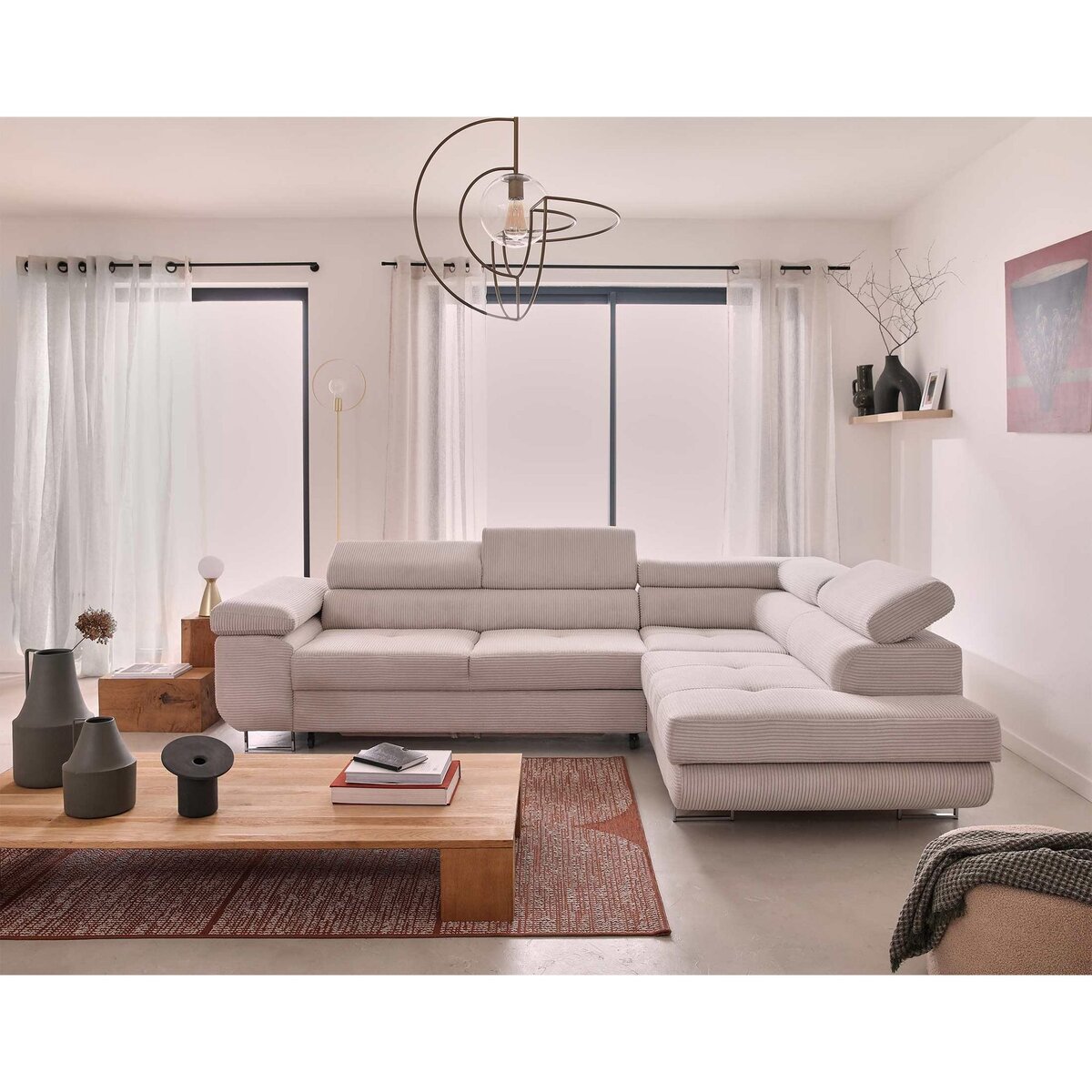 BEST MOBILIER Zaria - canapé d'angle droit - convertible avec coffre et têtières réglables - 5 places - en velours côtelé
