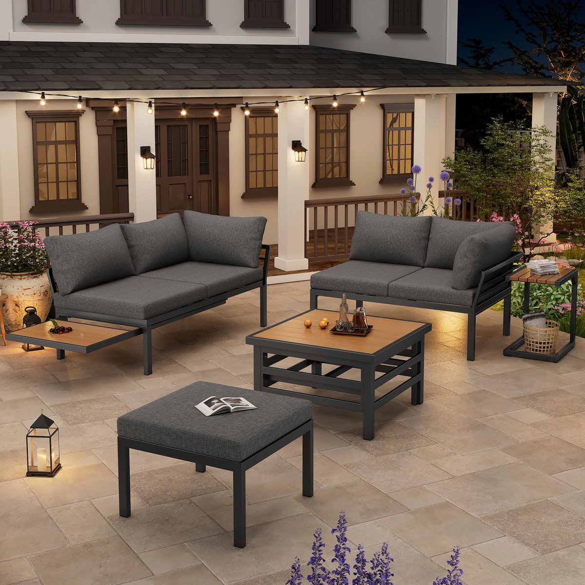 MERAX Salon de jardin 4 places en fer avec 2 canapés pouf, table extensible, coussins mousse HD, gris