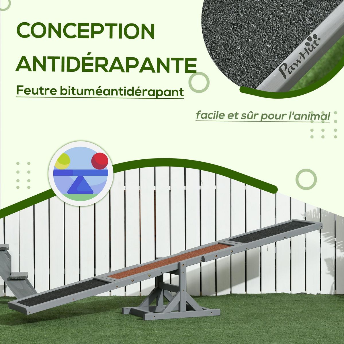 PAWHUT Agility sport pour chien bascule - bascule pour chien - équipement entrainement chien - bois sapin pré-huilé feutre bitumé antidérapant brique gris