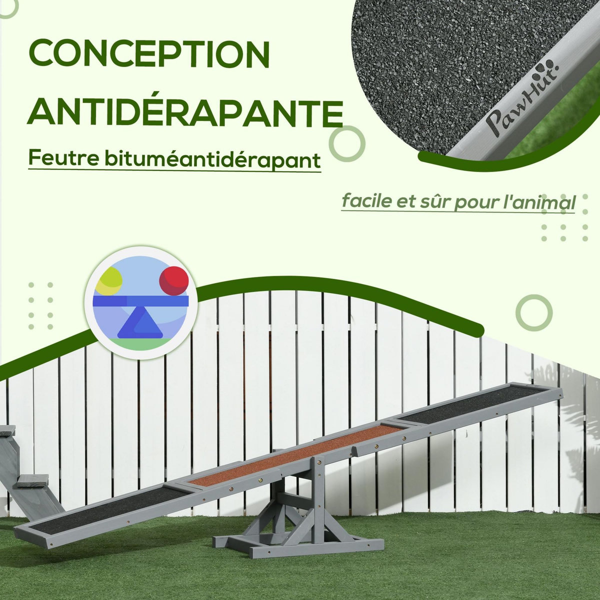 PAWHUT Agility sport pour chien bascule - bascule pour chien - équipement entrainement chien - bois sapin pré-huilé feutre bitumé antidérapant brique gris