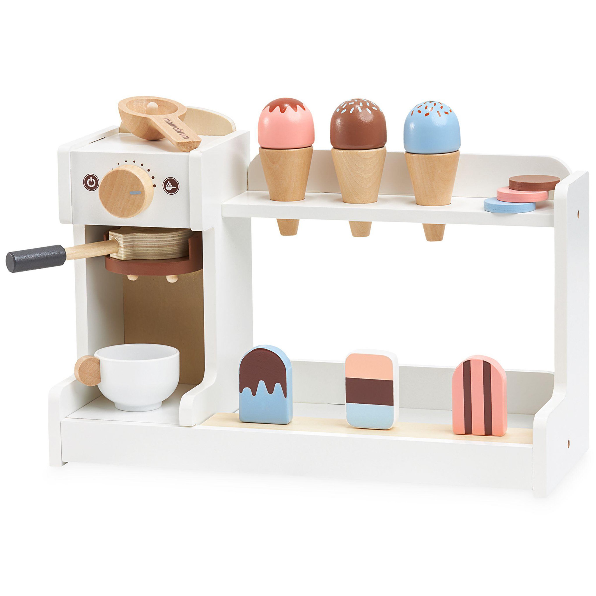Voir la diapositive 2 : MAMABRUM Marchande Enfant en Bois Glacier et Machine à Café avec Accessoires, dès 3 Ans