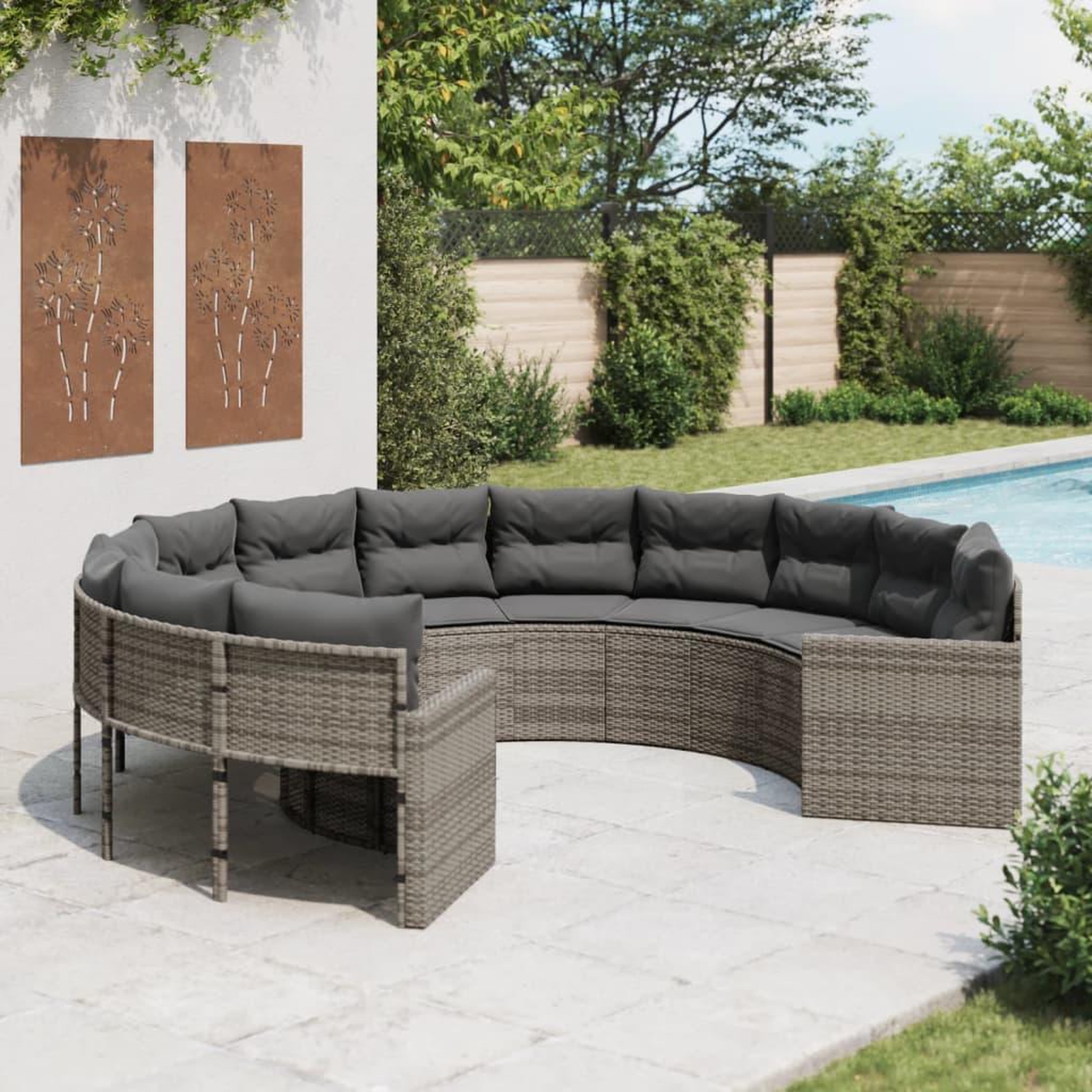 VIDAXL Canape de jardin avec coussins rond gris resine tressee