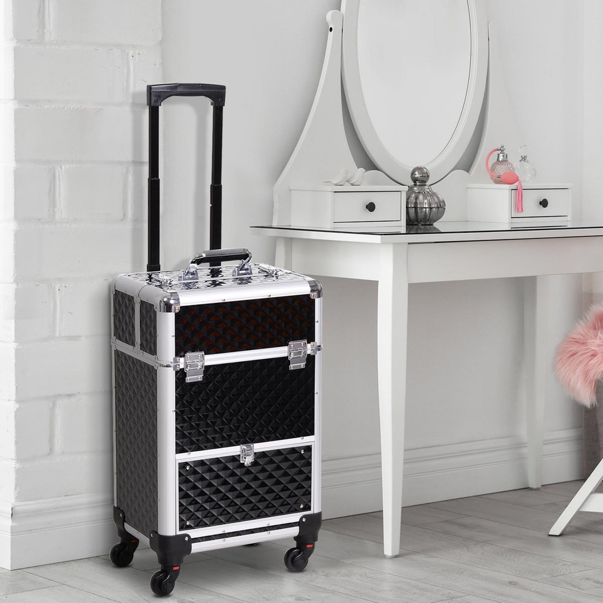 HOMCOM Valise trolley maquillage mallette cosmétique vanity poignée télescopique réglable 34L x 25l x 62H cm alu.