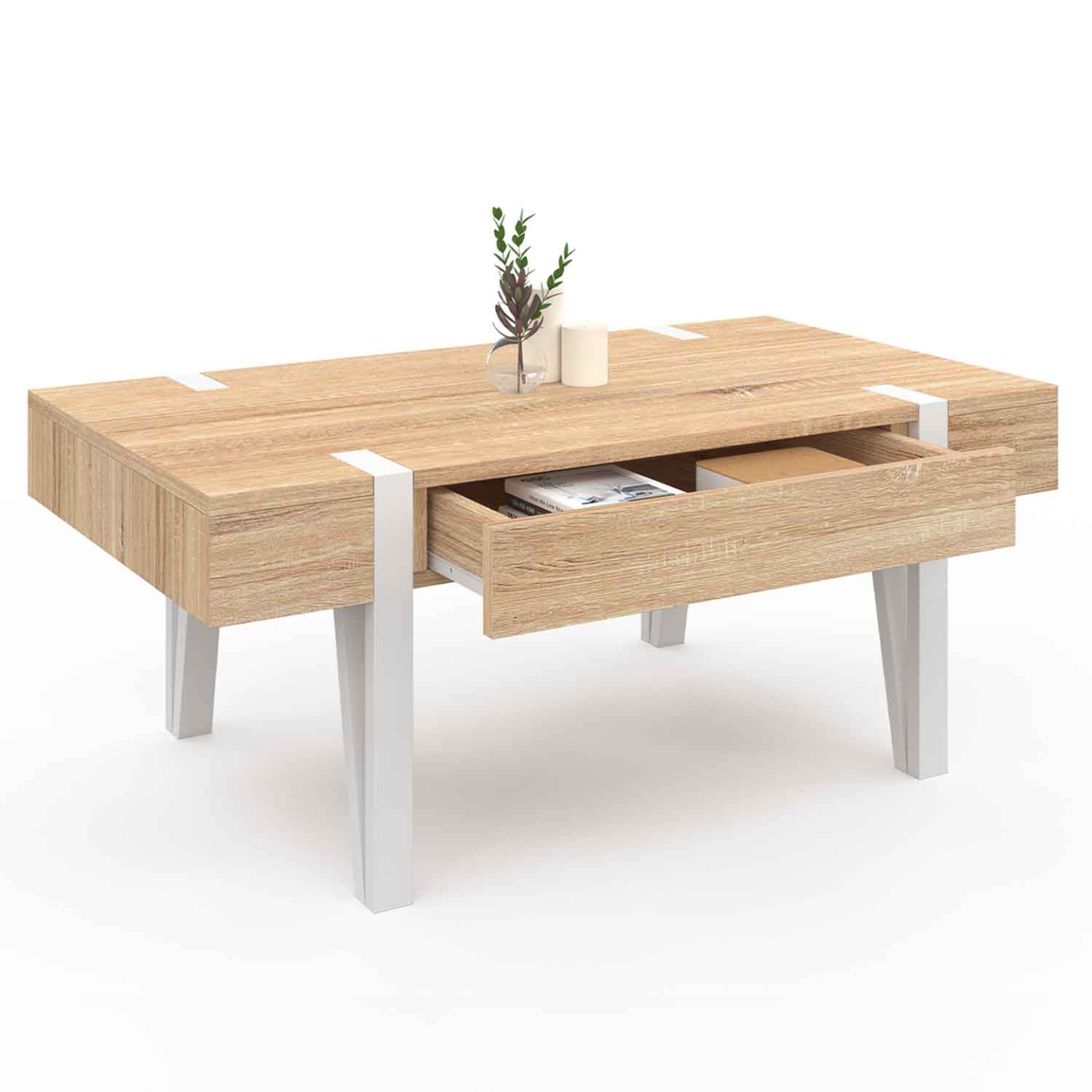 Voir la diapositive 4 : ID MARKET Table basse 1 tiroir austria bois pied épingle blanc