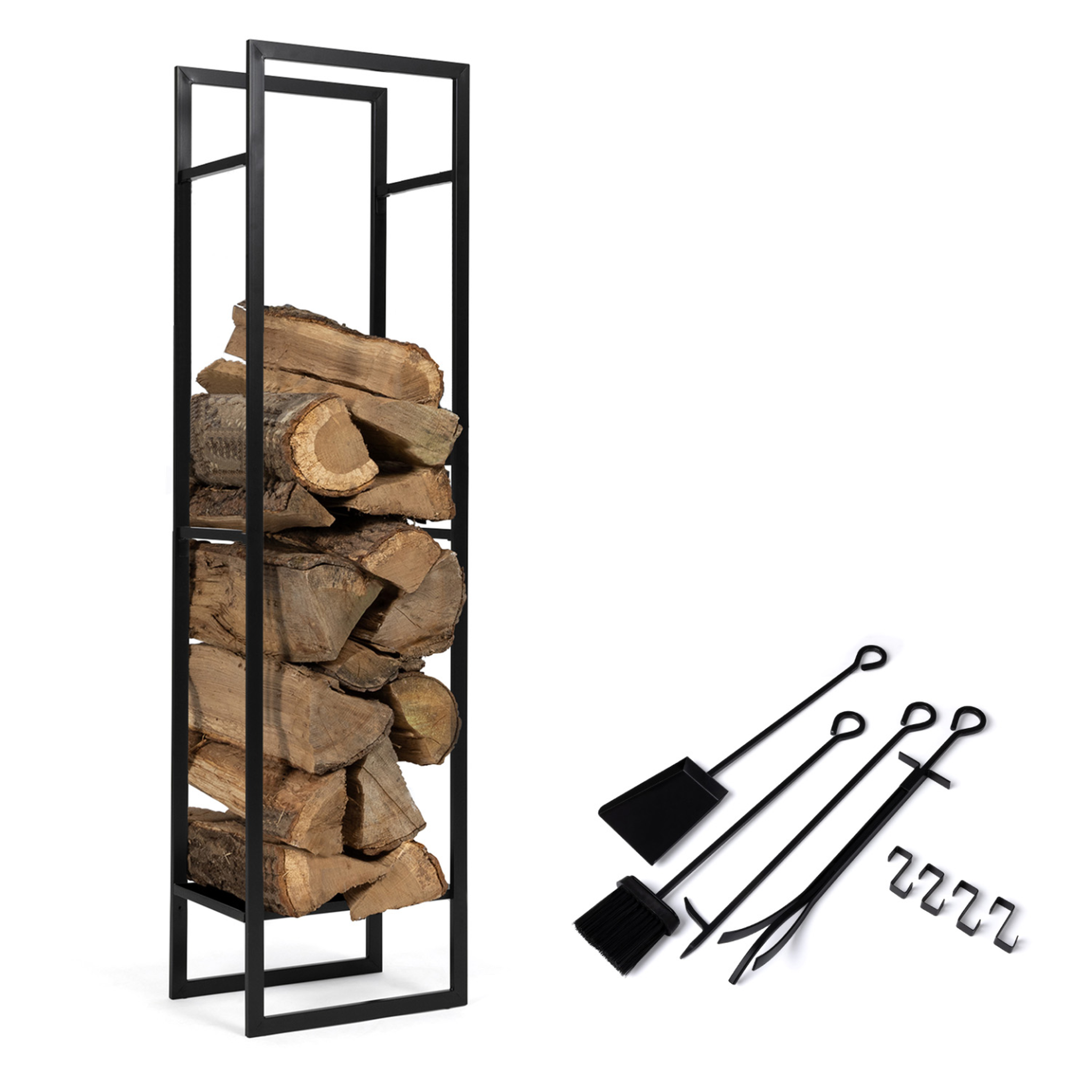 ID MARKET Range bûches vertical acier noir avec étagère et accessoires H. 170 CM pour cheminée
