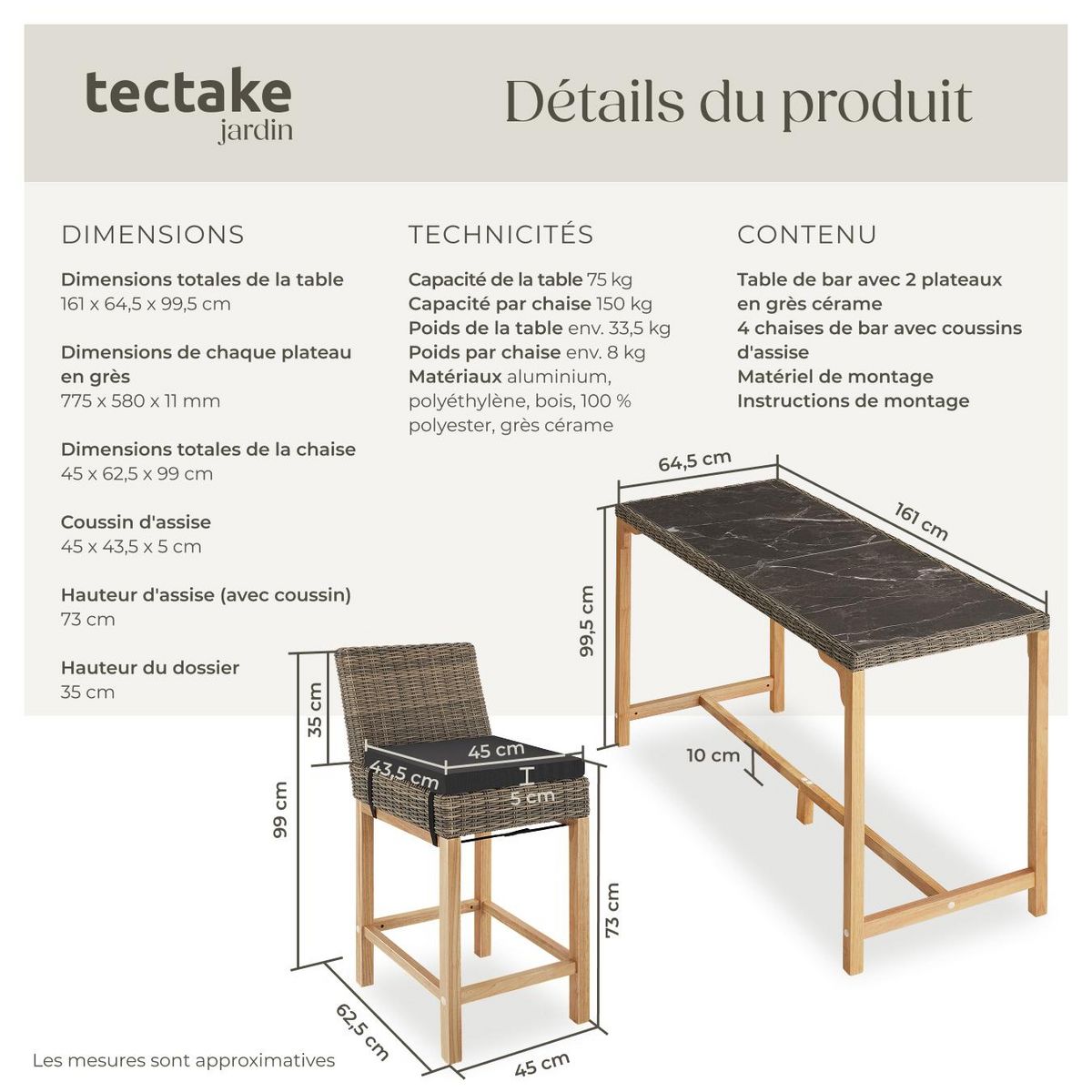 tectake Ensemble table en rotin avec 4 chaises avec cadre en aluminium marron naturel