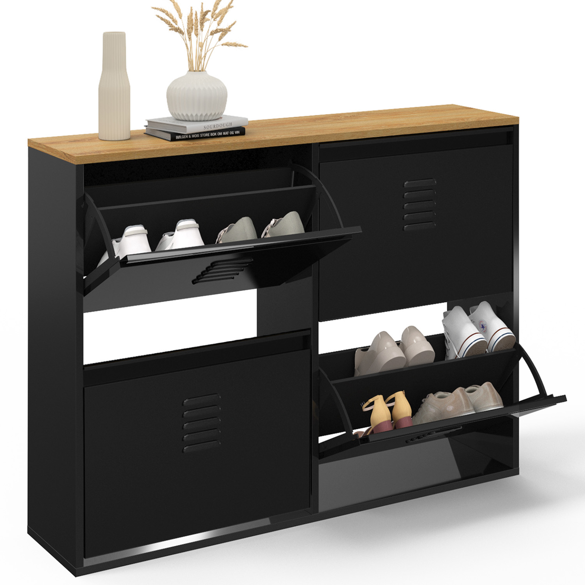 ID MARKET Meuble à chaussures 20 paires ester 4 portes métal noir et plateau façon hêtre design industriel