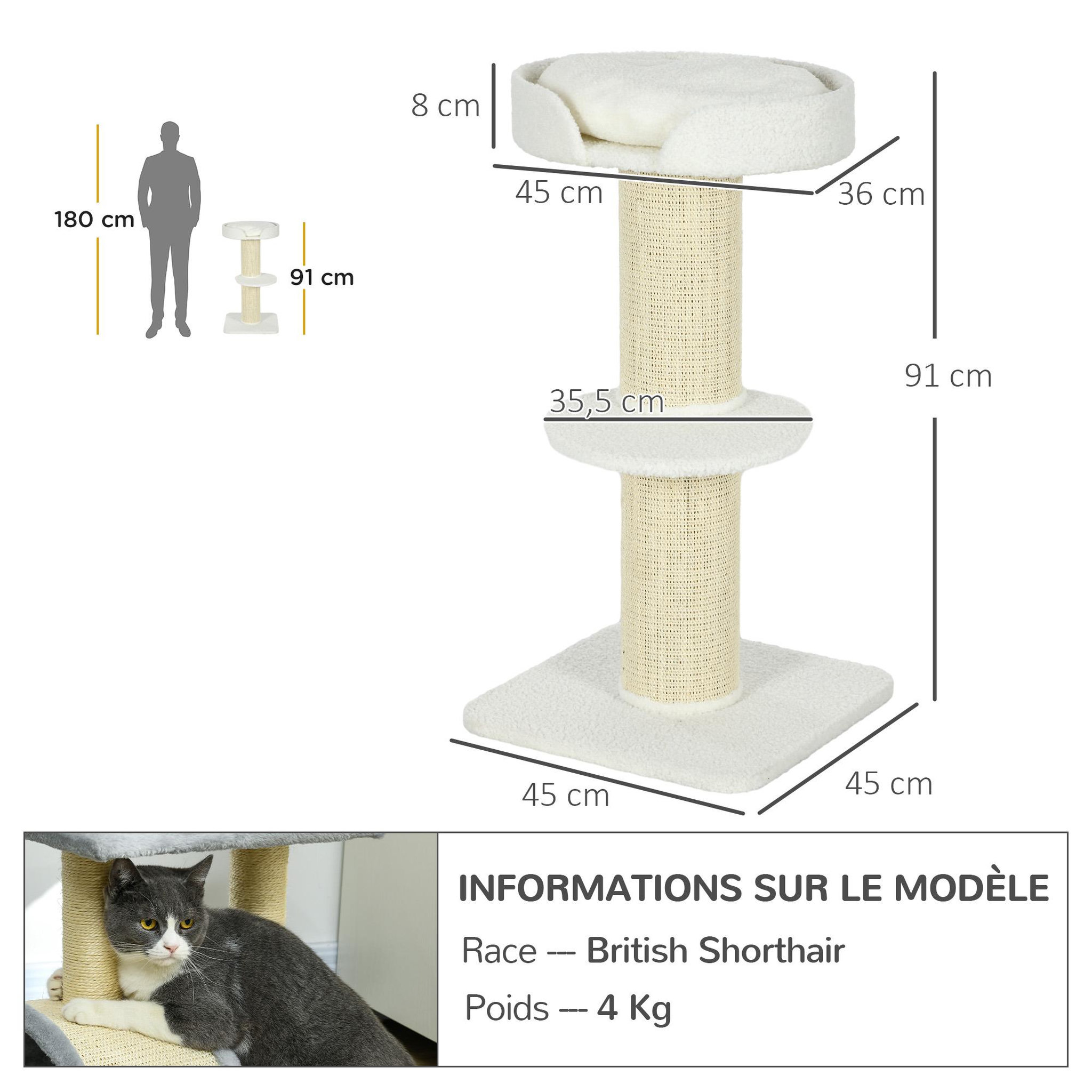 Voir la diapositive 2 : PAWHUT Arbre à chat avec griffoir centre d'activités 2 plateformes coussin crème