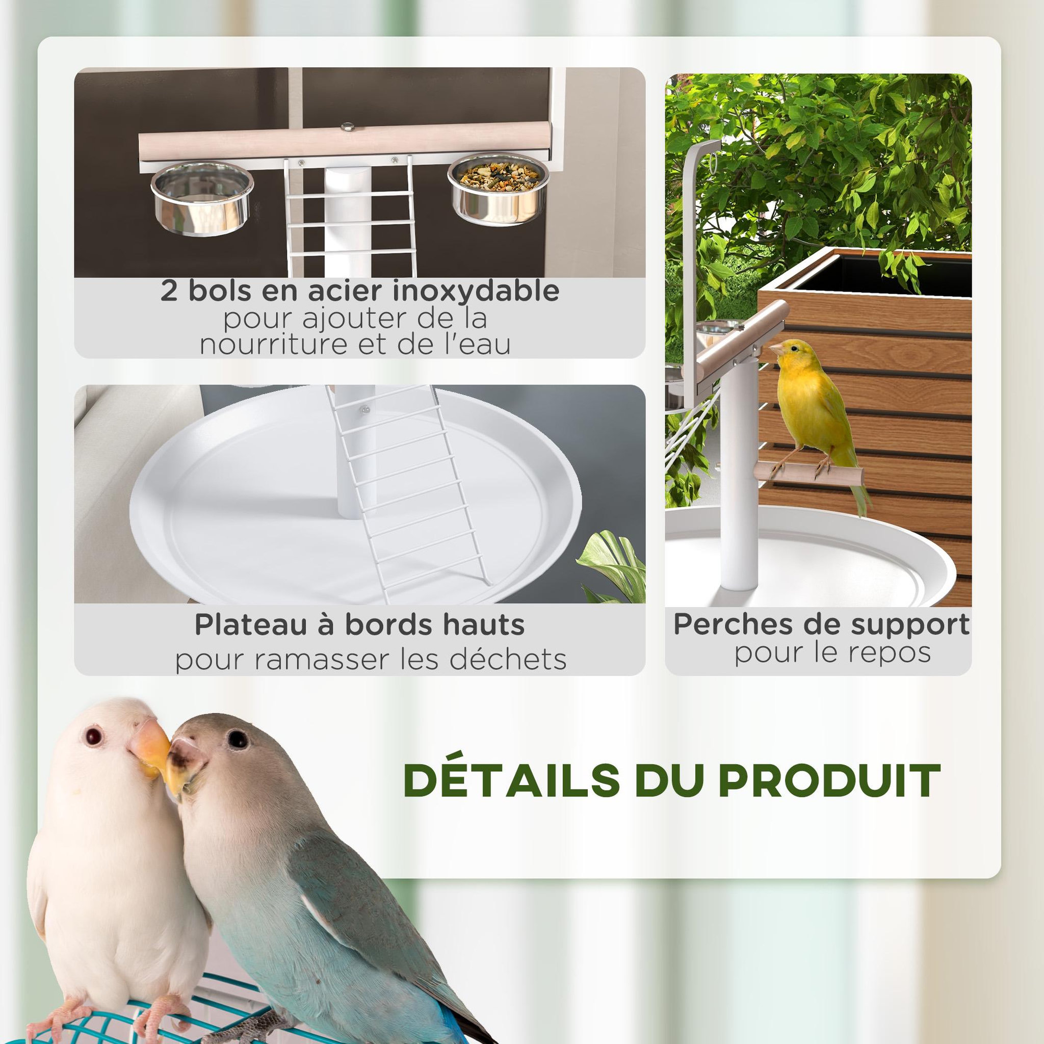 Voir la diapositive 6 : PAWHUT Perchoir sur pied pour perroquets, oiseaux - 4 roulettes - 2 mangeoires, 2 perchoirs, échelle, plateau acier