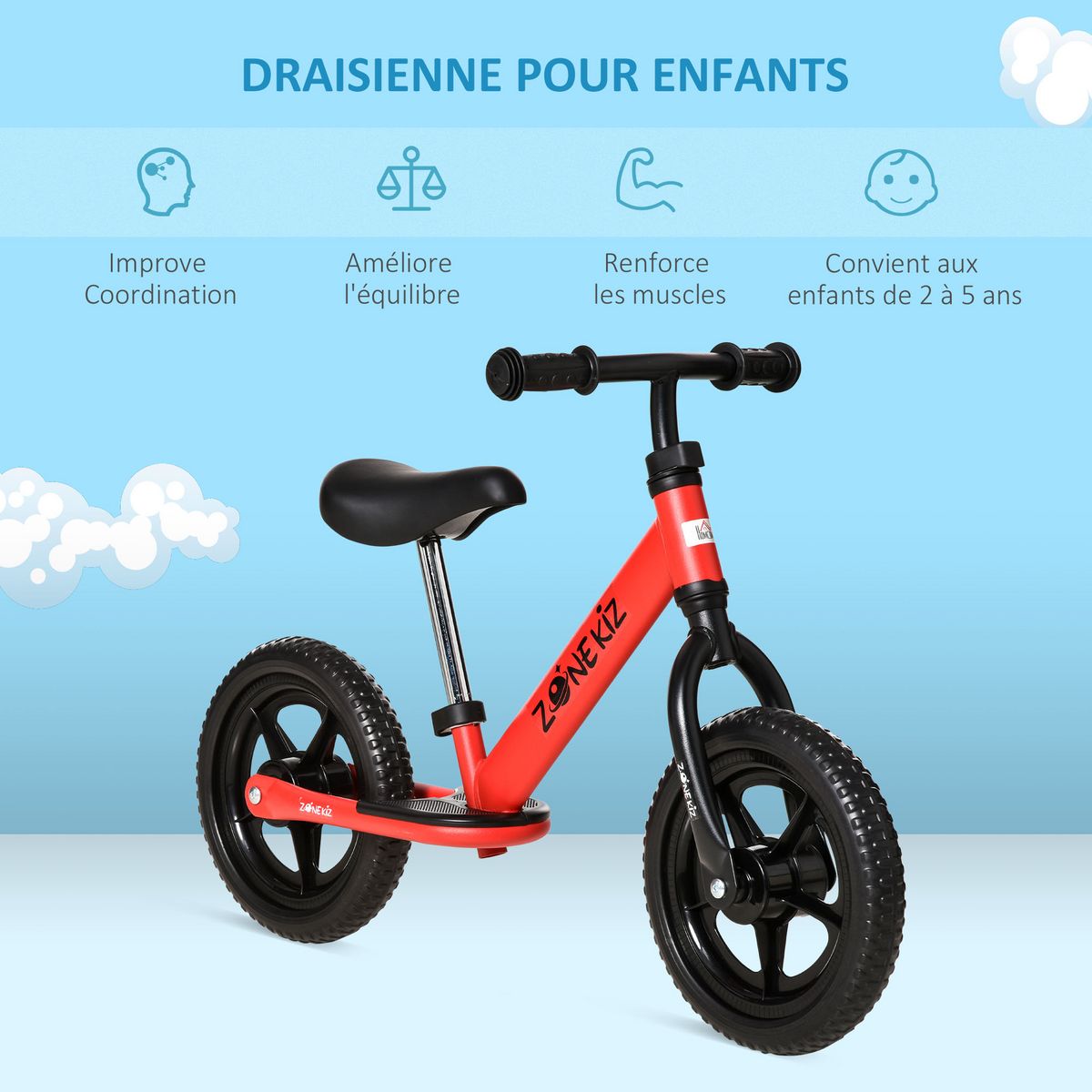 HOMCOM Draisienne enfant roues 12  EVA hauteur selle et guidon réglable cale-pied antidérapant acier rouge noir