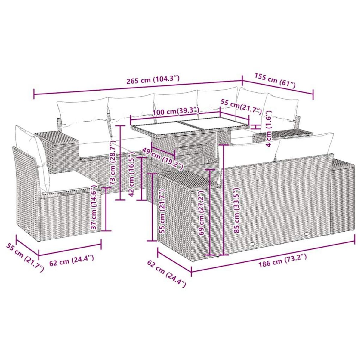 VIDAXL Salon de jardin avec coussins 9 pcs beige resine tressee