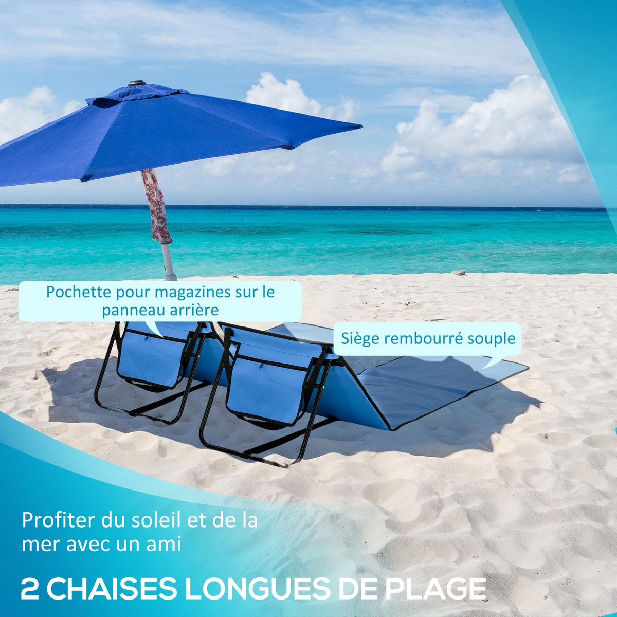 OUTSUNNY Lot de 2 tapis de plage rembourrés pliables - matelas de plage - dossier inclinable, rangement - métal polyester bleu
