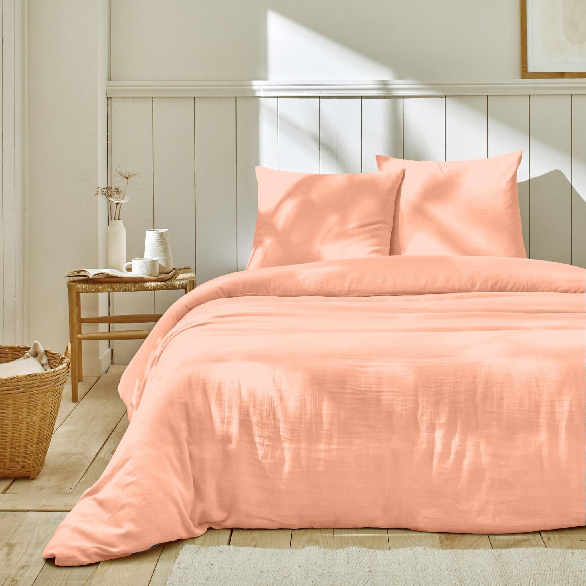 Home collection Parure housse de couette en gaze de coton - rose. Coloris disponibles : Beige, Gris, Bleu, Vert, Rose, Blanc, Marron, Rouge
